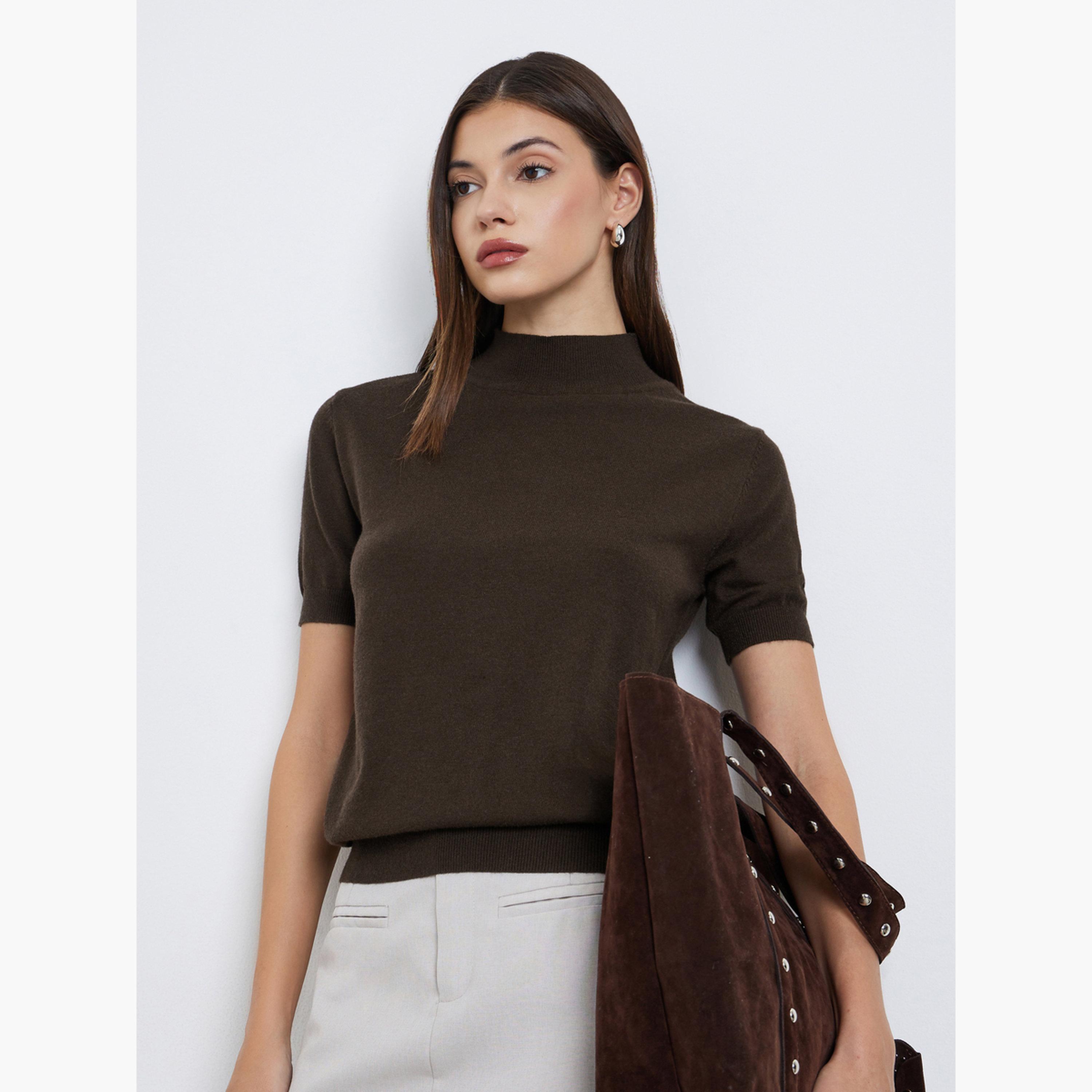 Styli Brown Short Sleeve Knit Top-women-clothing-shirtsandblouses-shirts-image-3