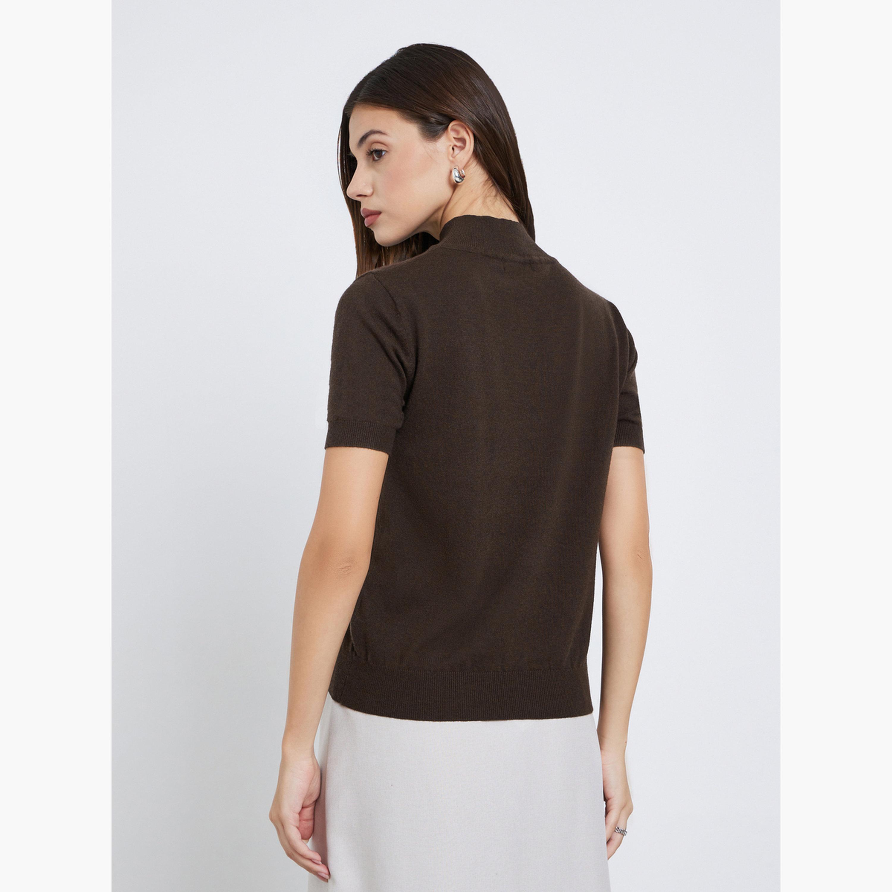 Styli Brown Short Sleeve Knit Top-women-clothing-shirtsandblouses-shirts-image-5