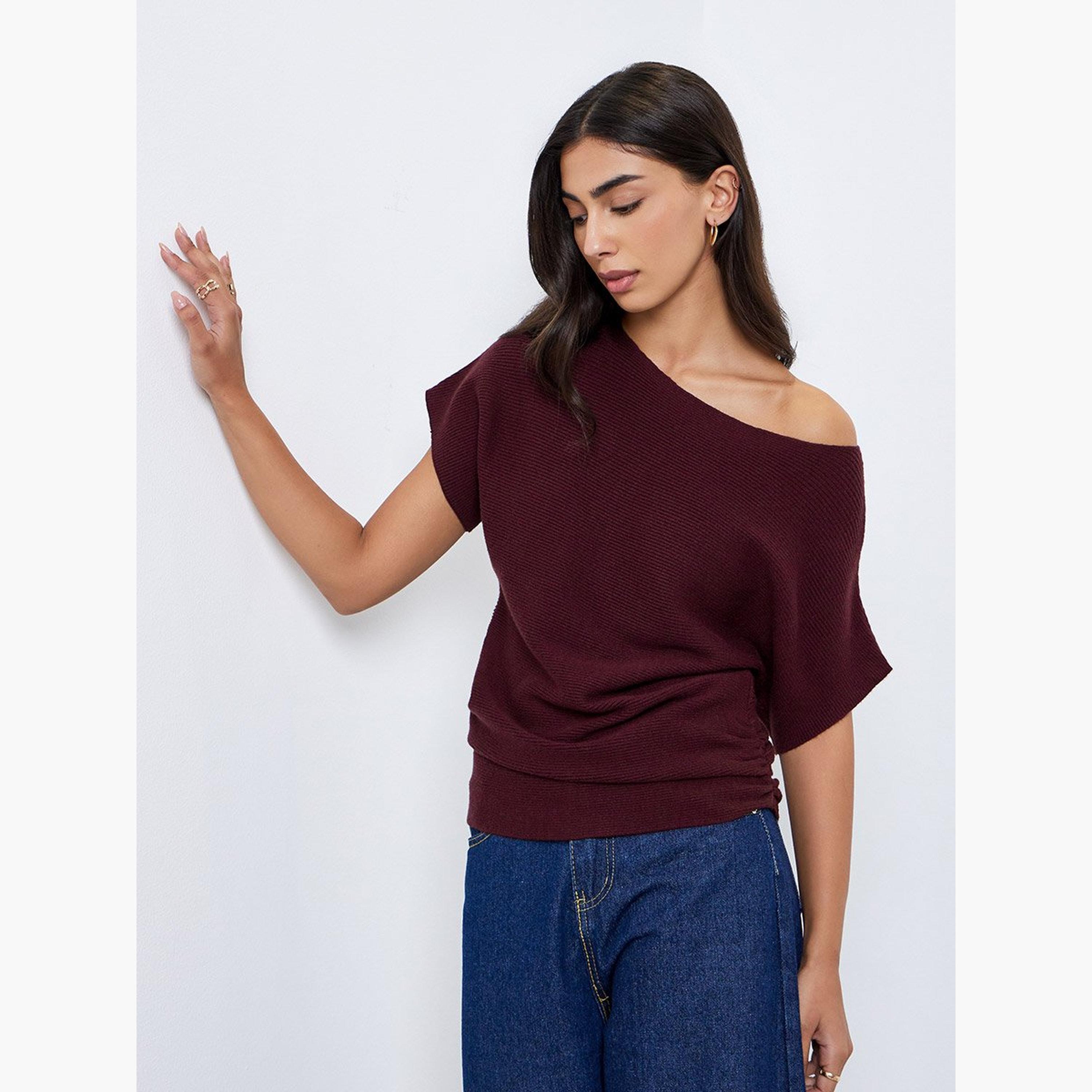 Styli Burgundy Ribbed Knit Batwing Sleeve Top-women-clothing-tshirts-image-1