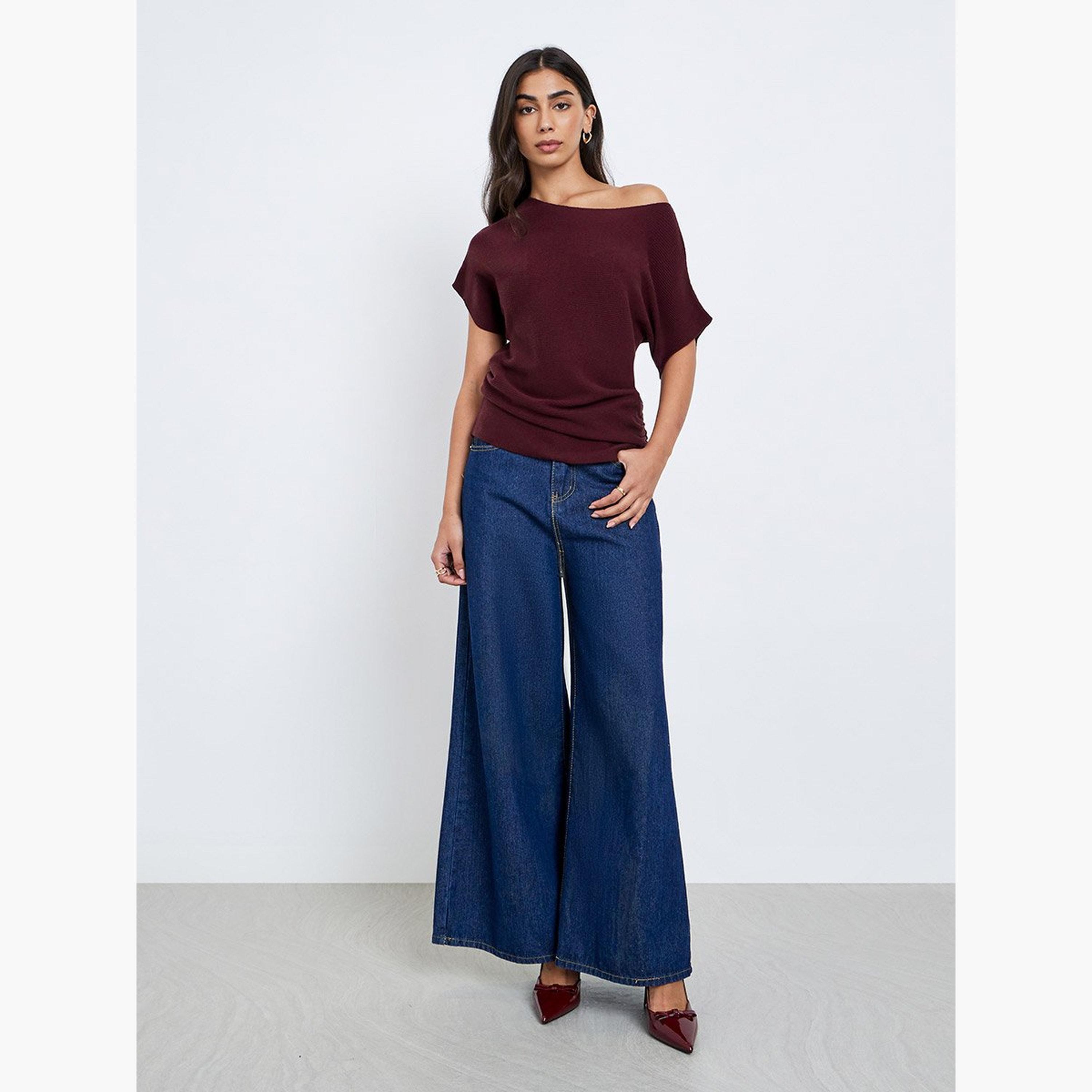 Styli Burgundy Ribbed Knit Batwing Sleeve Top-women-clothing-tshirts-image-2