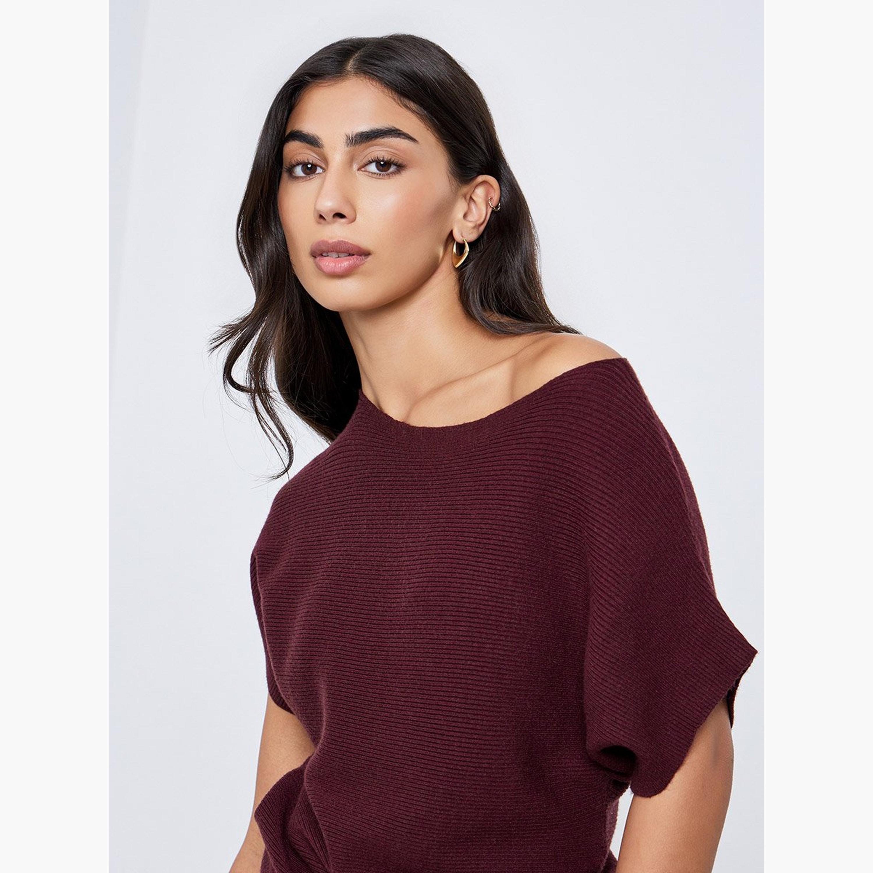 Styli Burgundy Ribbed Knit Batwing Sleeve Top-women-clothing-tshirts-image-3