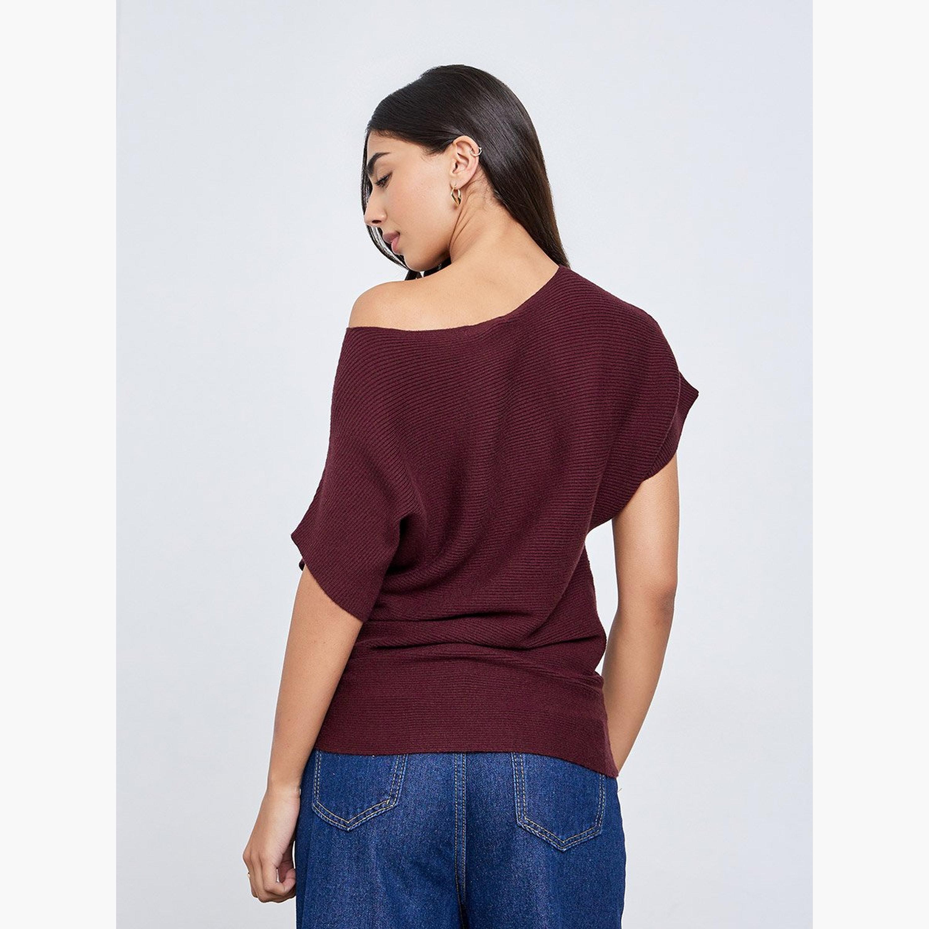 Styli Burgundy Ribbed Knit Batwing Sleeve Top-women-clothing-tshirts-image-4