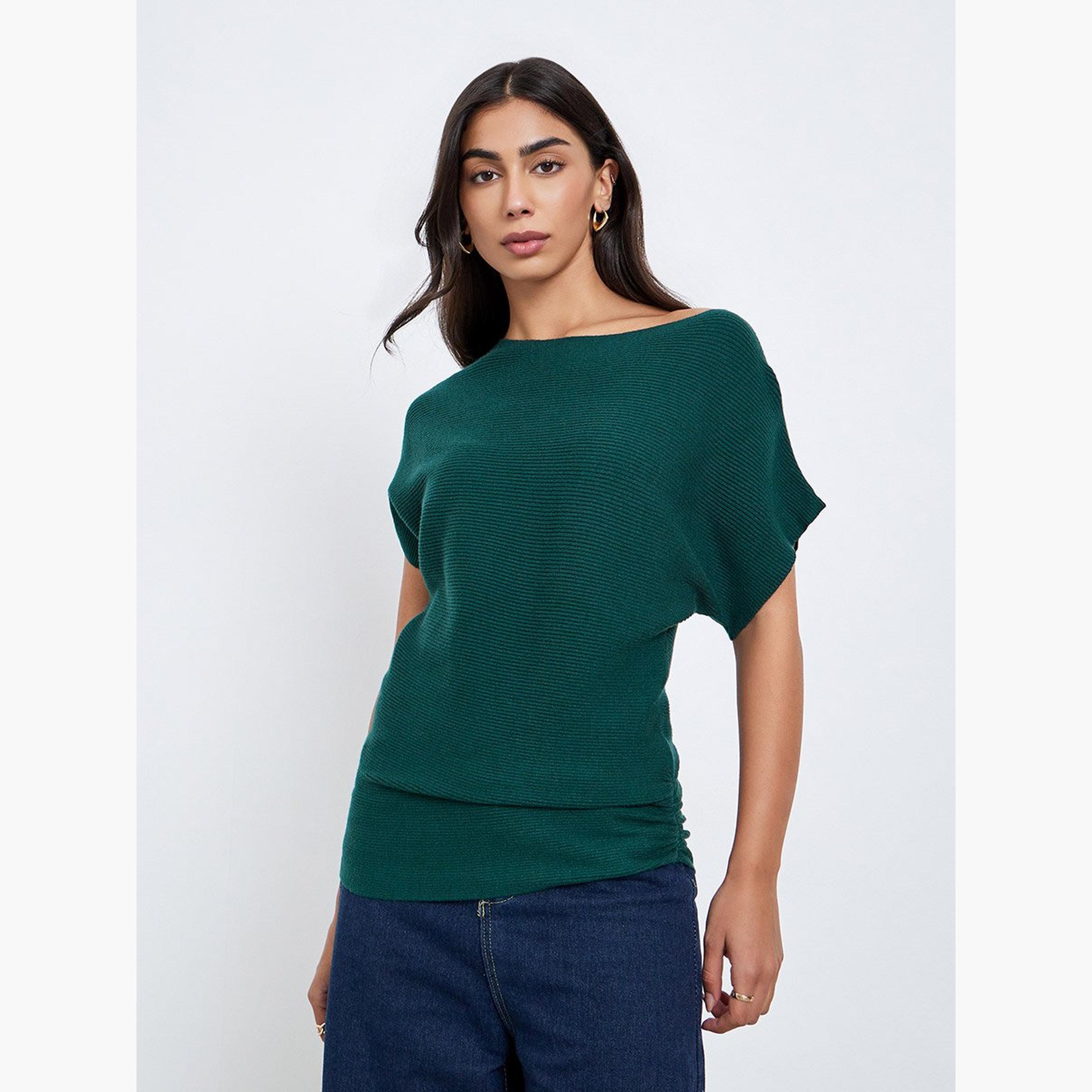 Styli Dark Green Ribbed Knit Batwing Sleeve Top-women-clothing-tshirts-image-1
