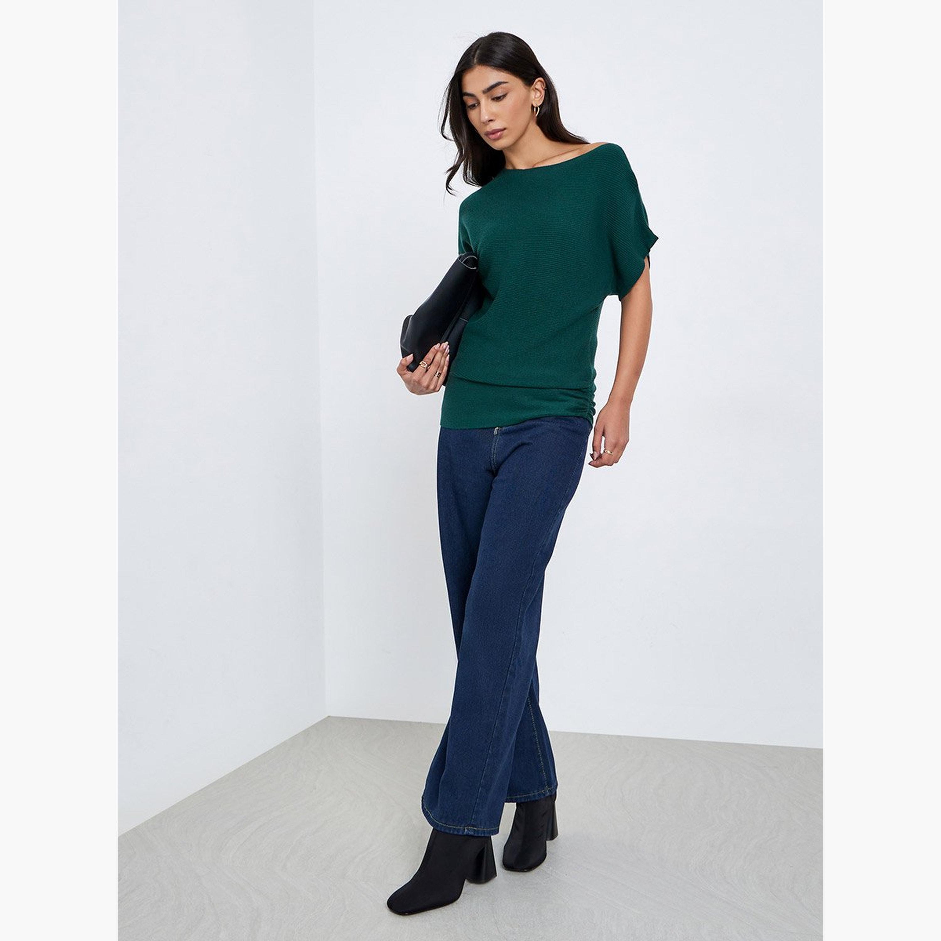 ستايلي - بلوزة خضراء داكنة محبوكة مضلعة بأكمام خفاش-women-clothing-tshirts-image-2