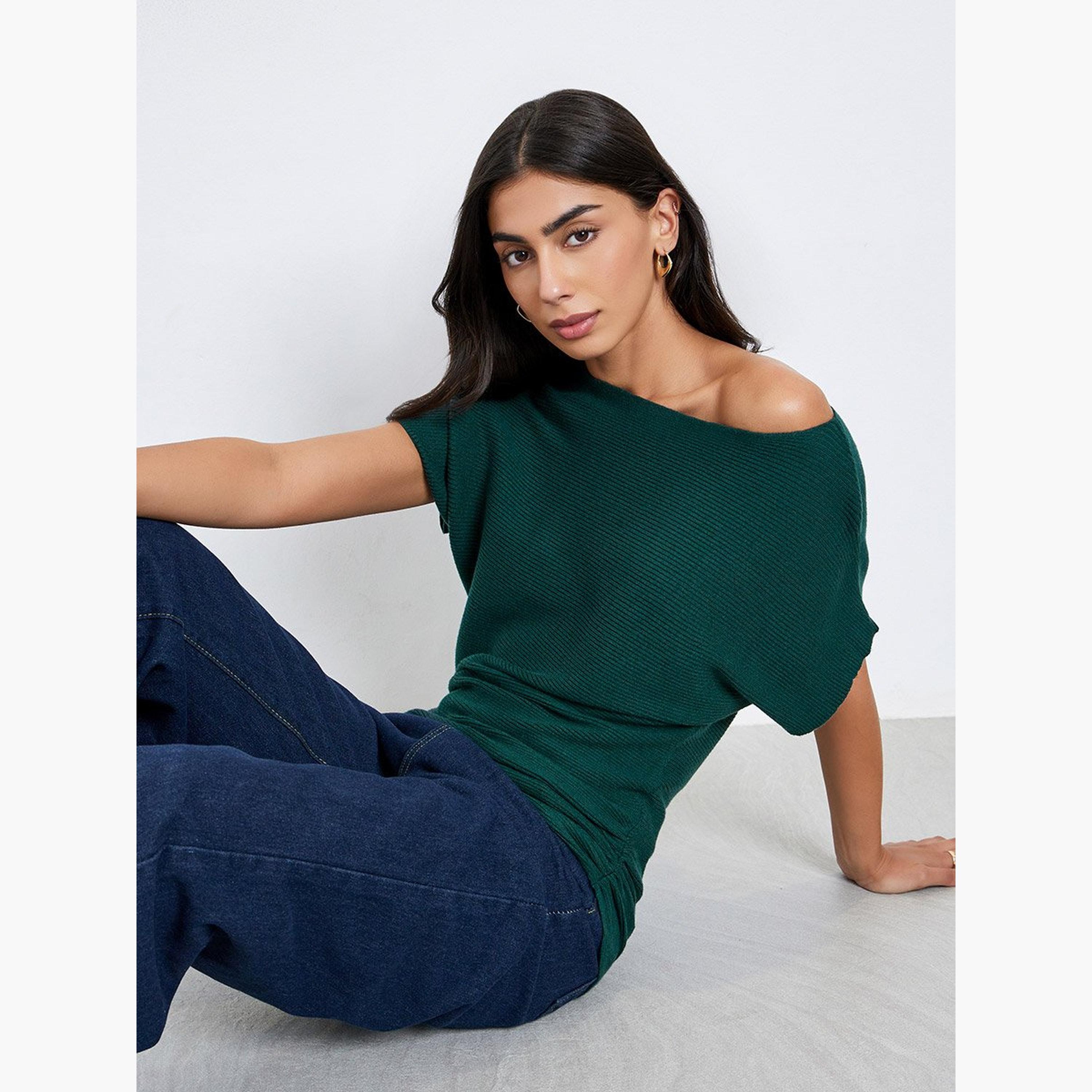 Styli Dark Green Ribbed Knit Batwing Sleeve Top-women-clothing-tshirts-image-3