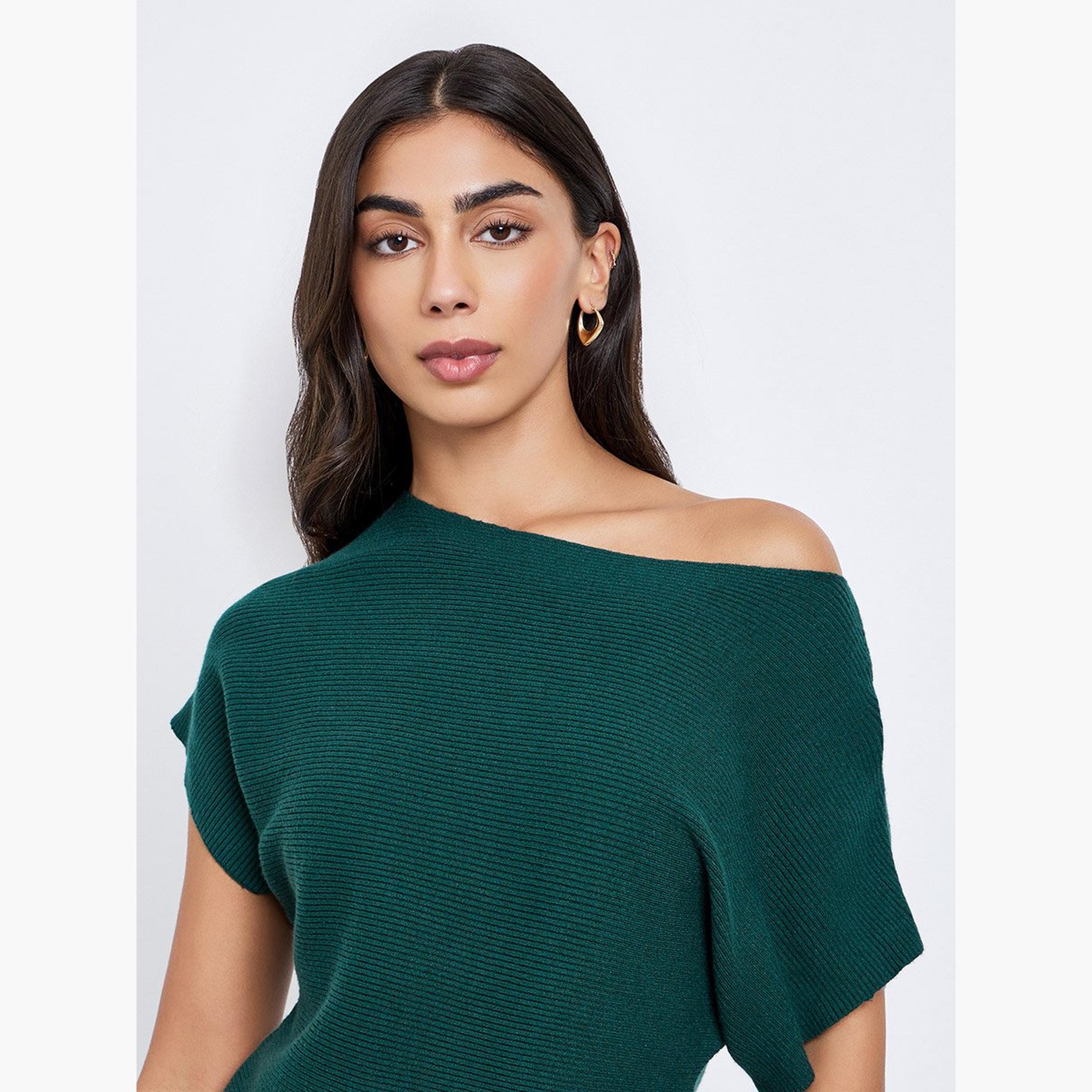 ستايلي - بلوزة خضراء داكنة محبوكة مضلعة بأكمام خفاش-women-clothing-tshirts-image-4
