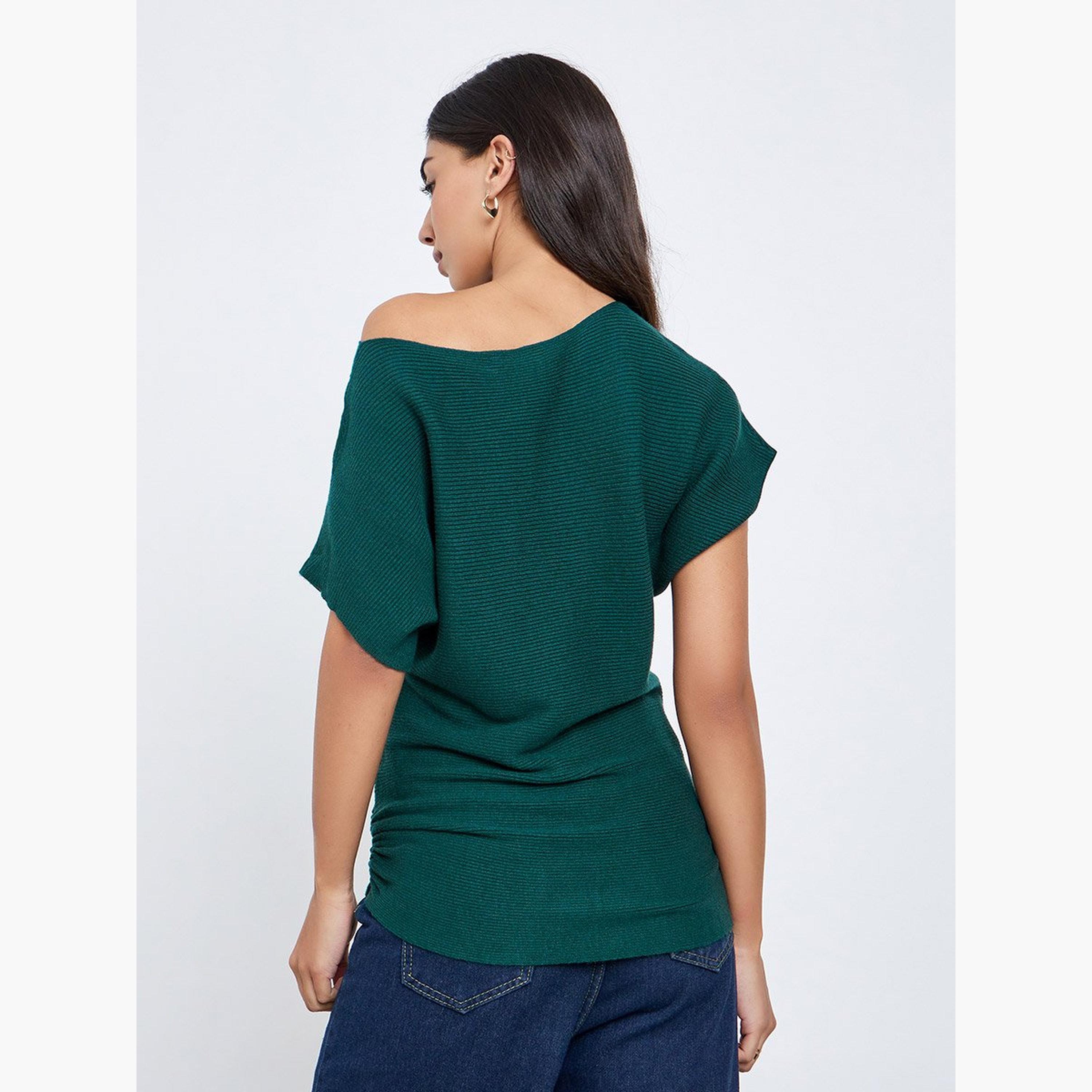 Styli Dark Green Ribbed Knit Batwing Sleeve Top-women-clothing-tshirts-image-5