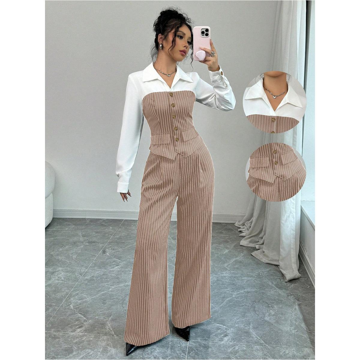Styli Beige Pinstripe Shirt and Trousers Co-Ords-women-clothing-coordsets-image-4