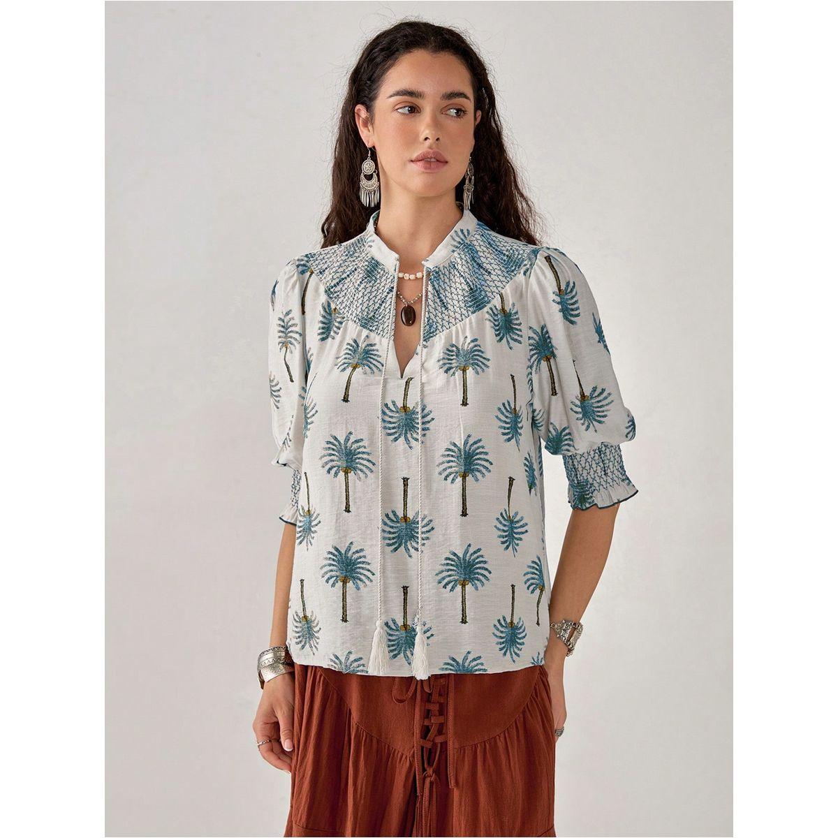 Styli Graphic Print Tie-Up Neck Top-women-clothing-shirtsandblouses-blouses-image-2