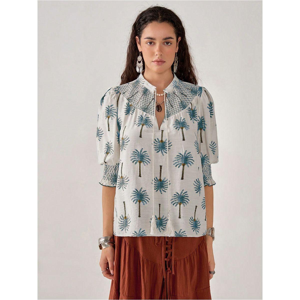 Styli Graphic Print Tie-Up Neck Top-women-clothing-shirtsandblouses-blouses-image-5