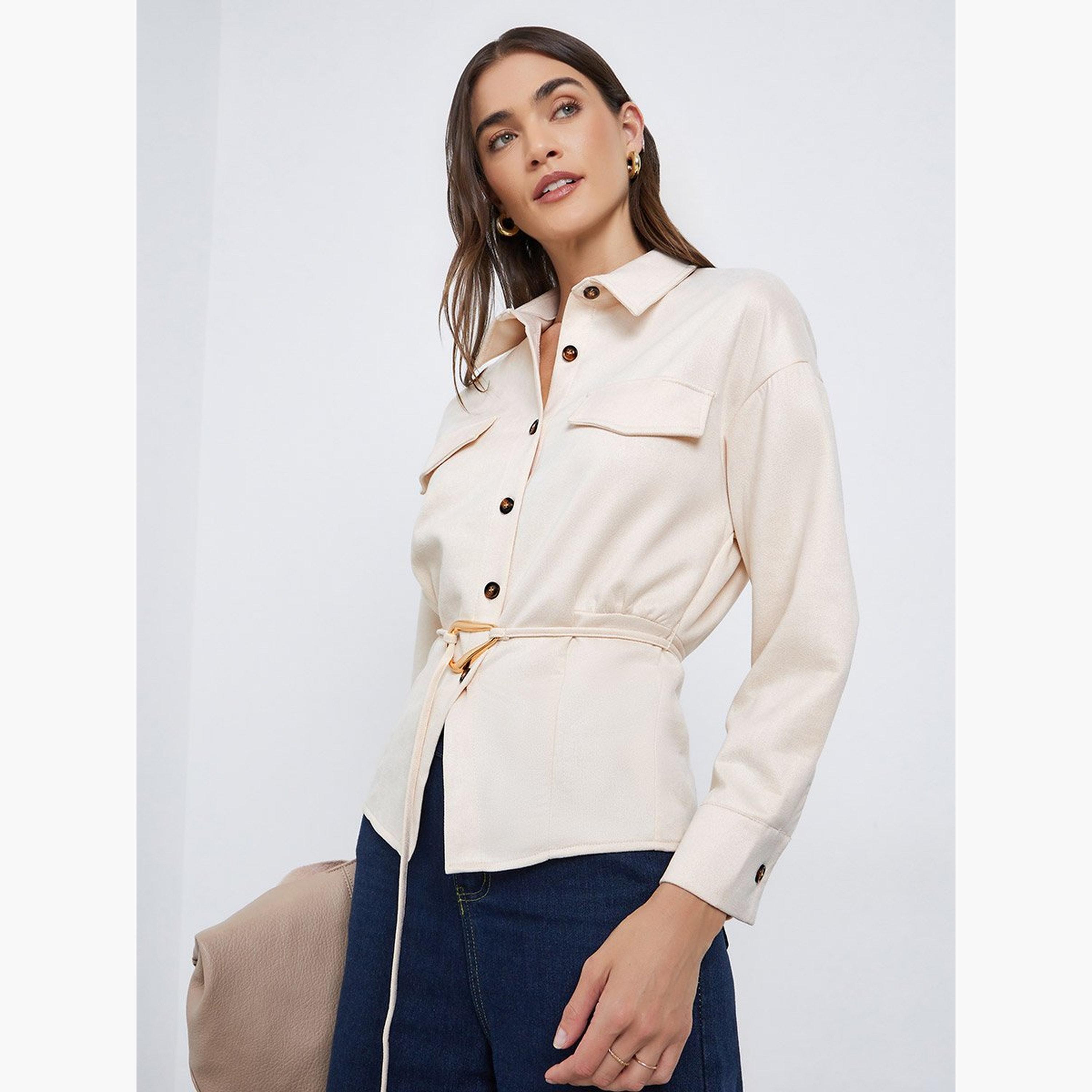 ستايلي - قميص قصّة مريحة بأكمام طويلة وحزام لون أبيض العاجي-women-clothing-shirtsandblouses-shirts-image-1