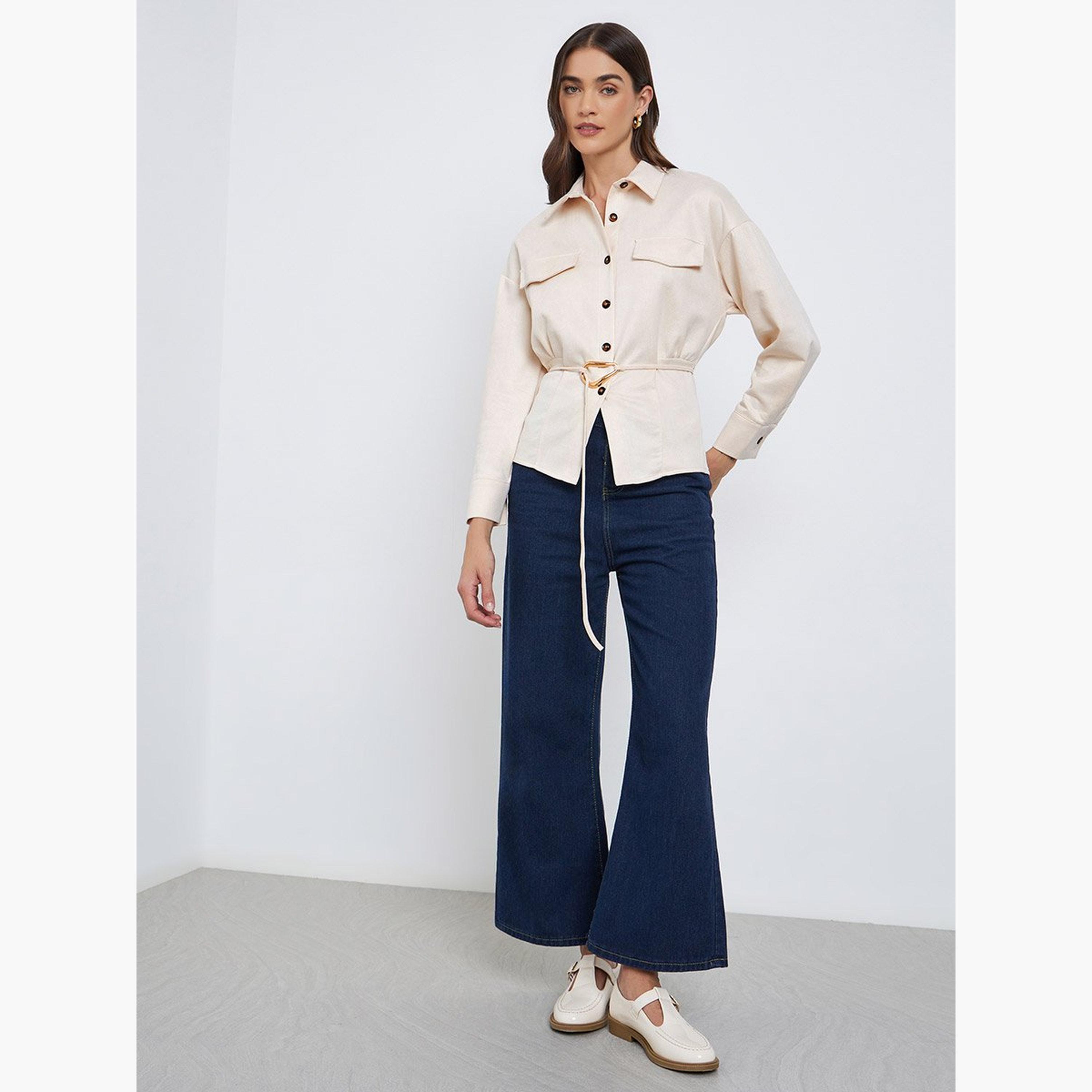 ستايلي - قميص قصّة مريحة بأكمام طويلة وحزام لون أبيض العاجي-women-clothing-shirtsandblouses-shirts-image-2