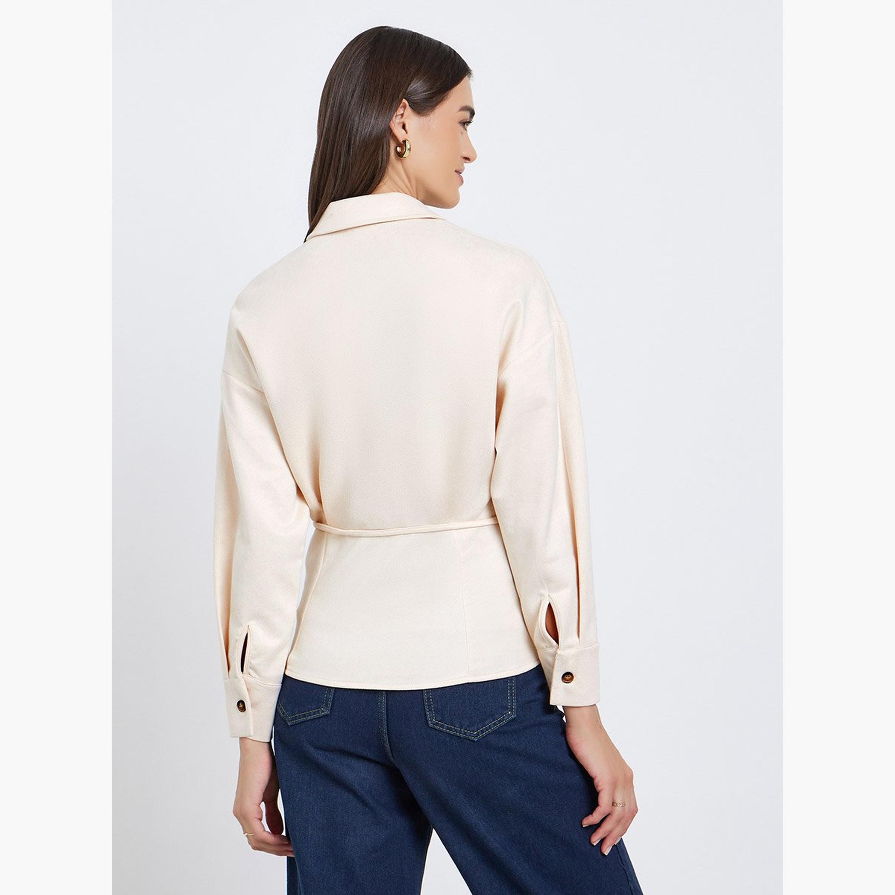 ستايلي - قميص قصّة مريحة بأكمام طويلة وحزام لون أبيض العاجي-women-clothing-shirtsandblouses-shirts-image-4