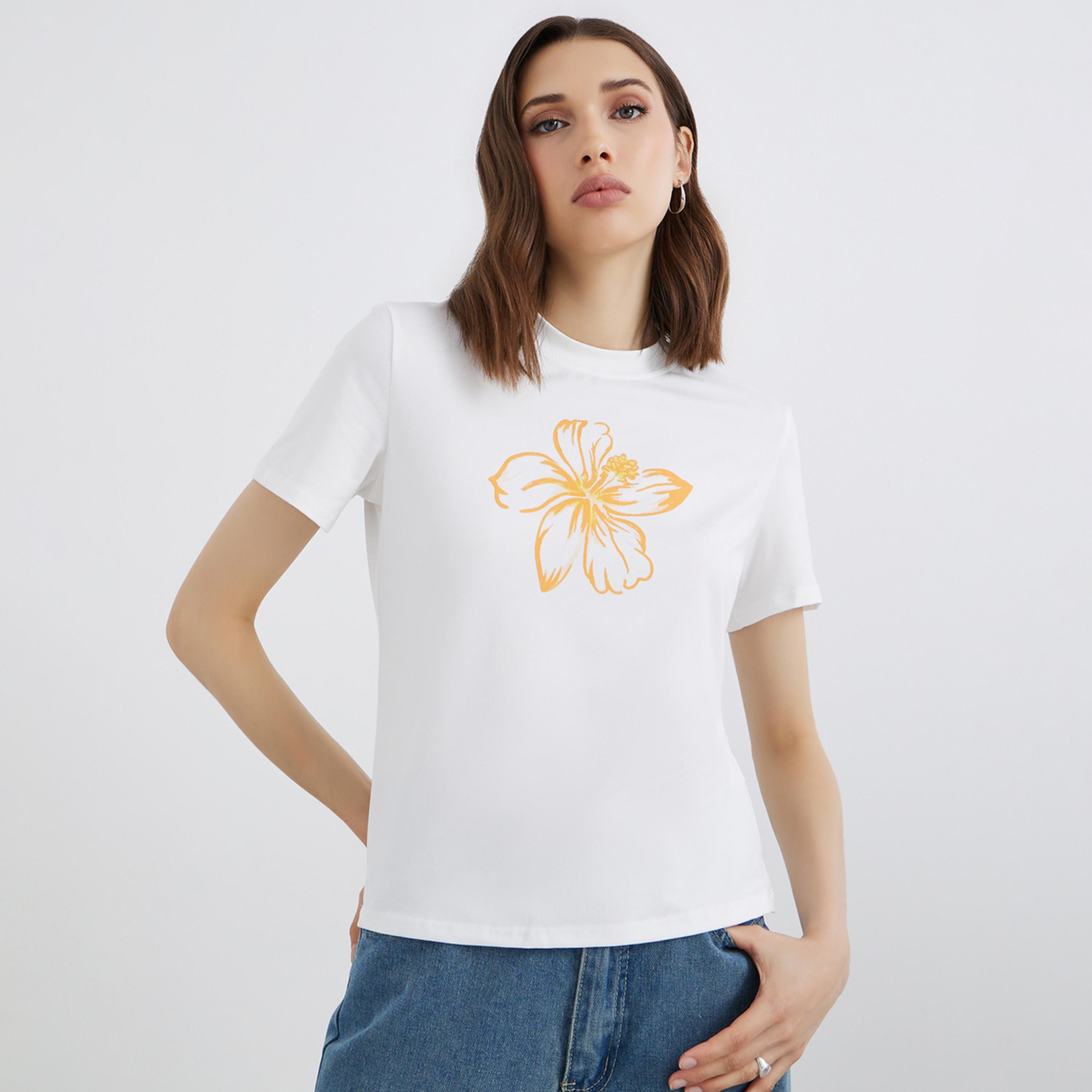 Styli White Graphic Print Cotton T-Shirt-women-clothing-tshirts-image-1
