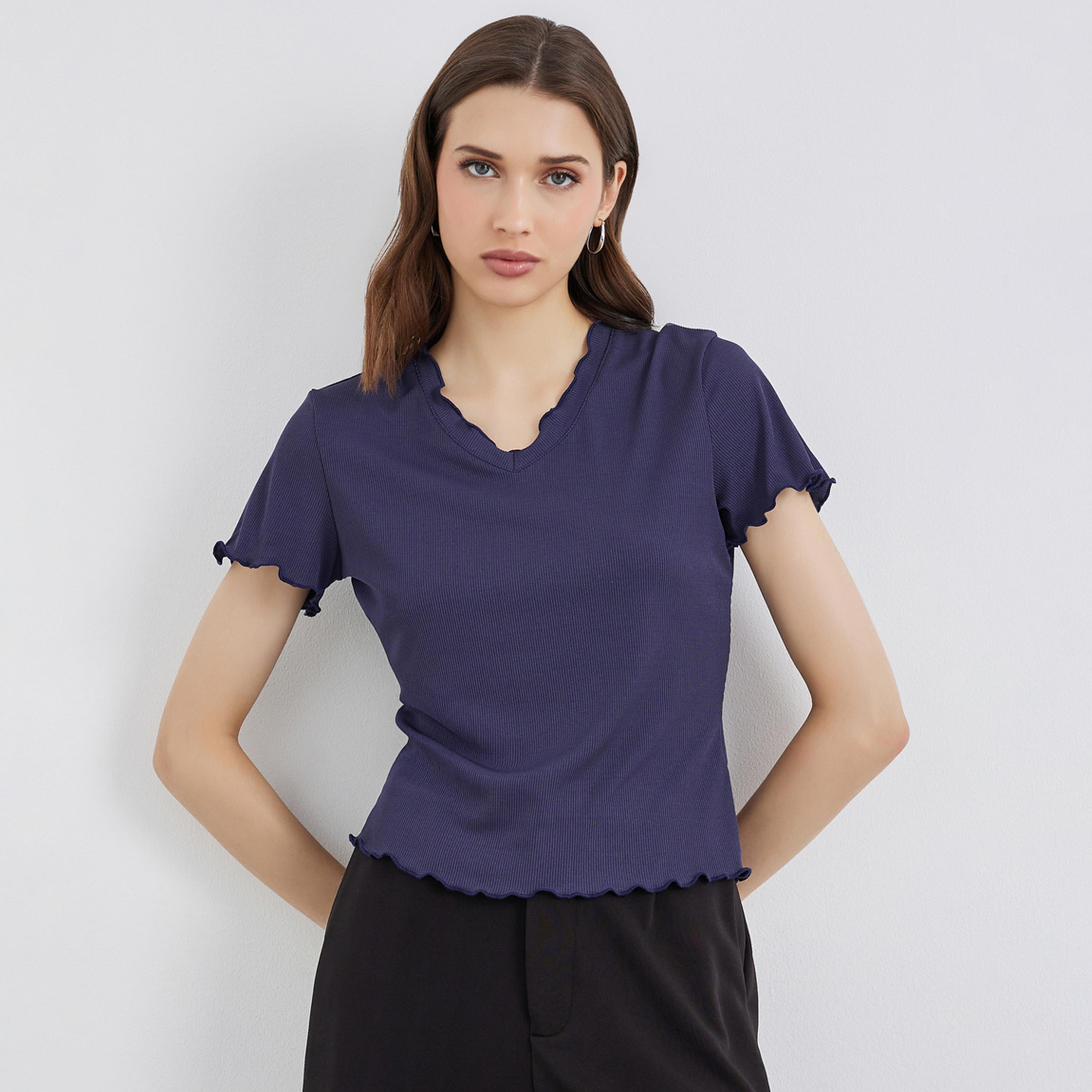 Styli Solid Ribbed Lettuce Hem T-Shirt-women-clothing-tshirts-image-1