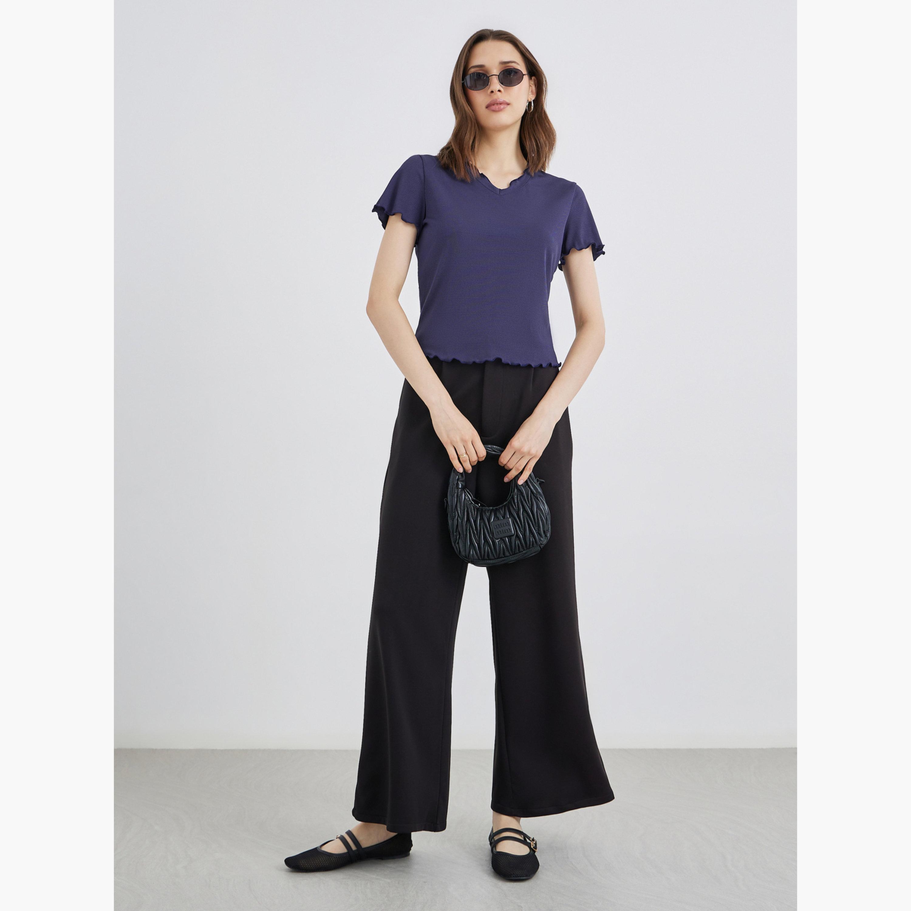 Styli Solid Ribbed Lettuce Hem T-Shirt-women-clothing-tshirts-image-2