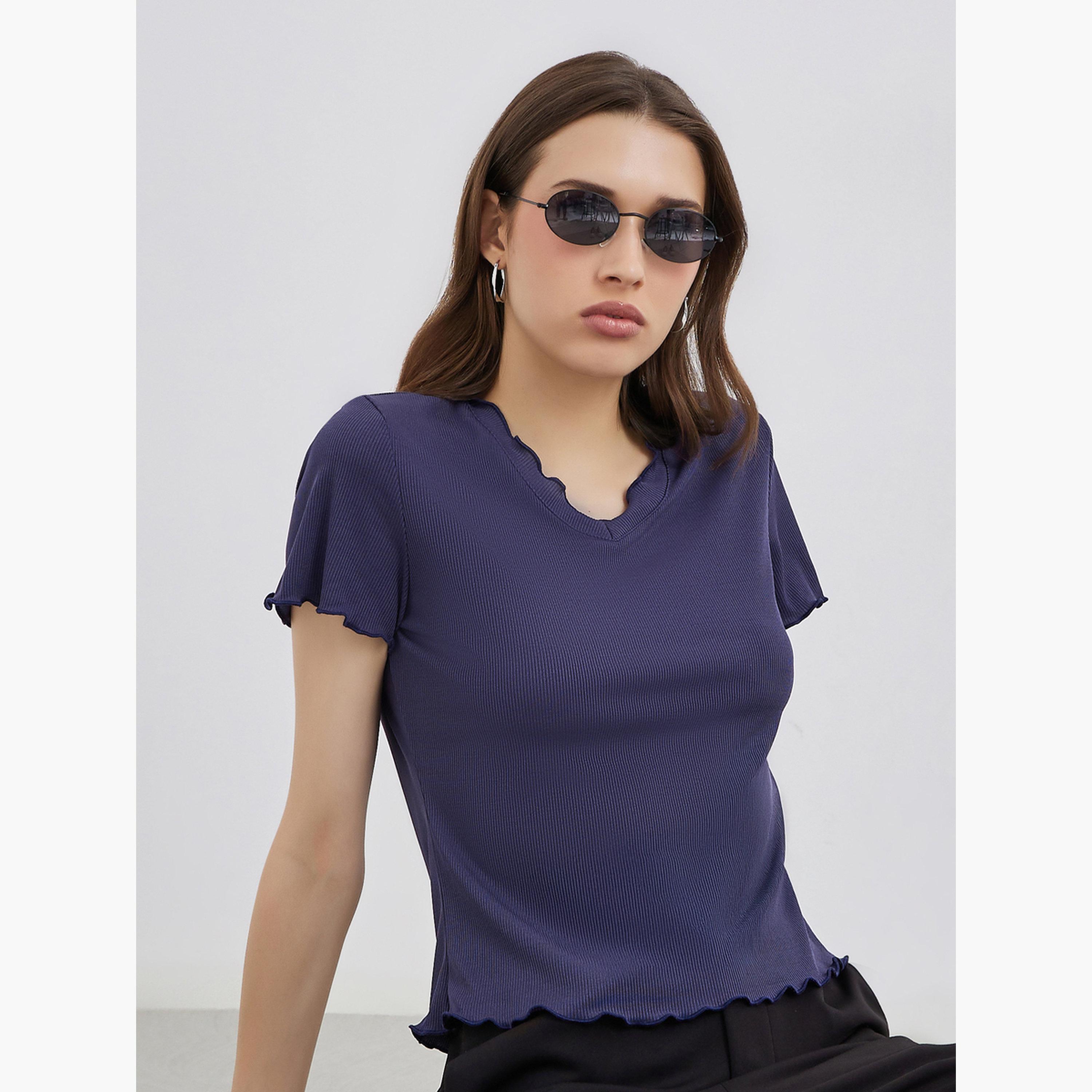 Styli Solid Ribbed Lettuce Hem T-Shirt-women-clothing-tshirts-image-3