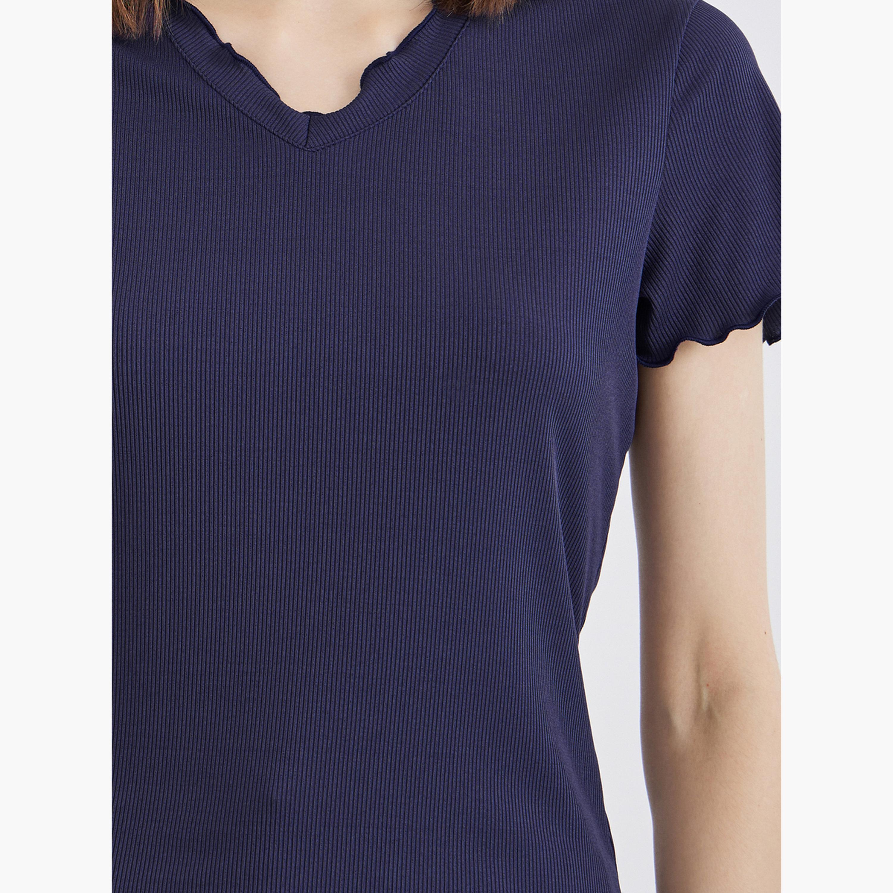 Styli Solid Ribbed Lettuce Hem T-Shirt-women-clothing-tshirts-image-4