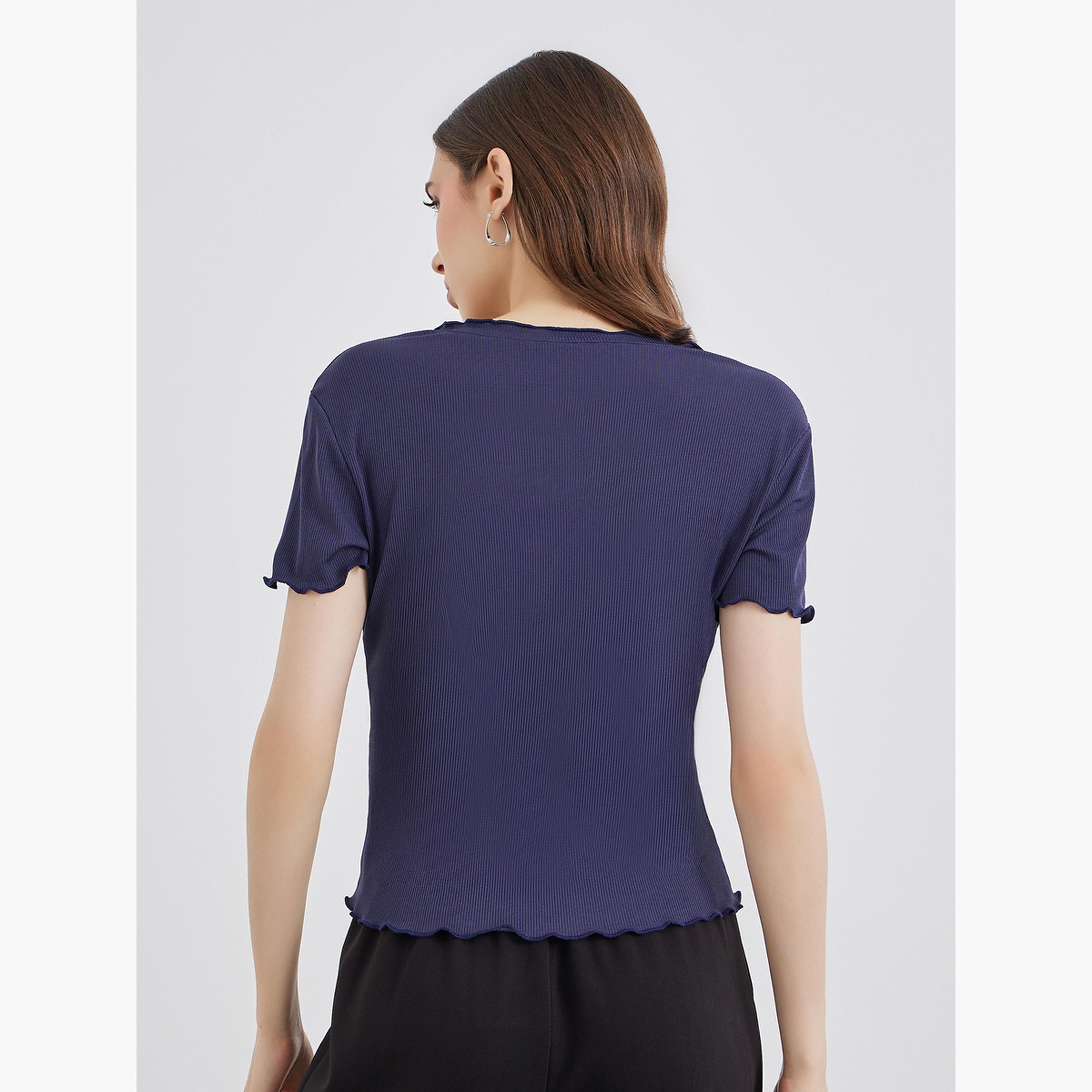 Styli Solid Ribbed Lettuce Hem T-Shirt-women-clothing-tshirts-image-5