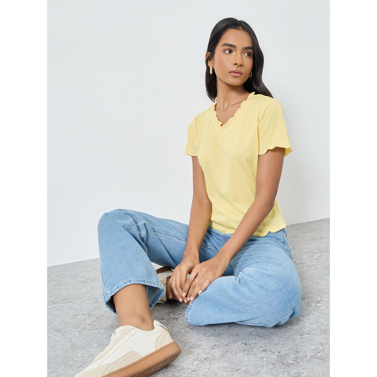 Styli Solid Ribbed Lettuce Hem T-Shirt-women-clothing-tshirts-image-1