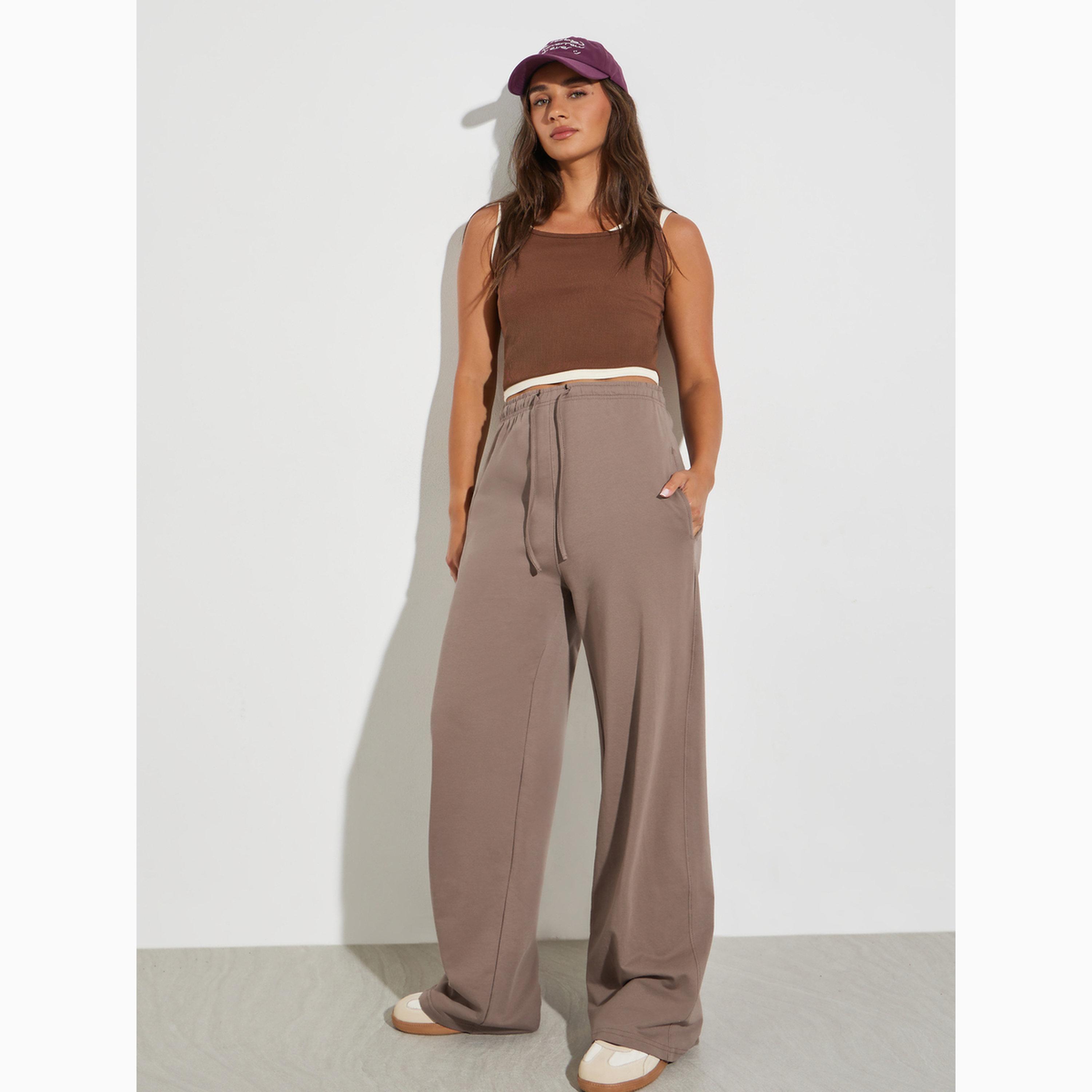 Styli Brown Wide Leg Joggers with Drawstring-women-clothing-bottoms-joggers-image-2