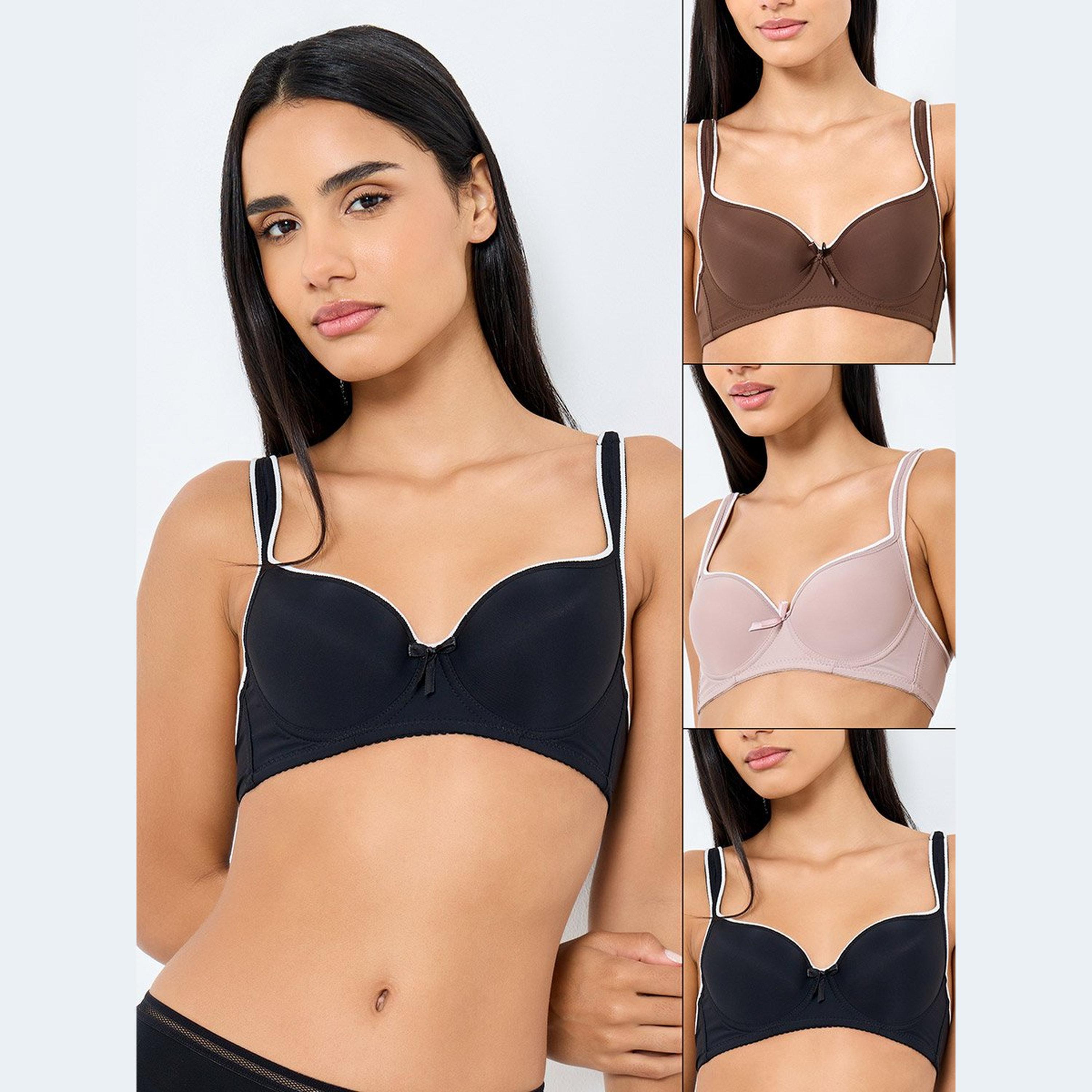 Styli Pack of 3 - Padded Wired Contrast Tipping Balconette Bra-women-clothing-lingerie-bras-image-1