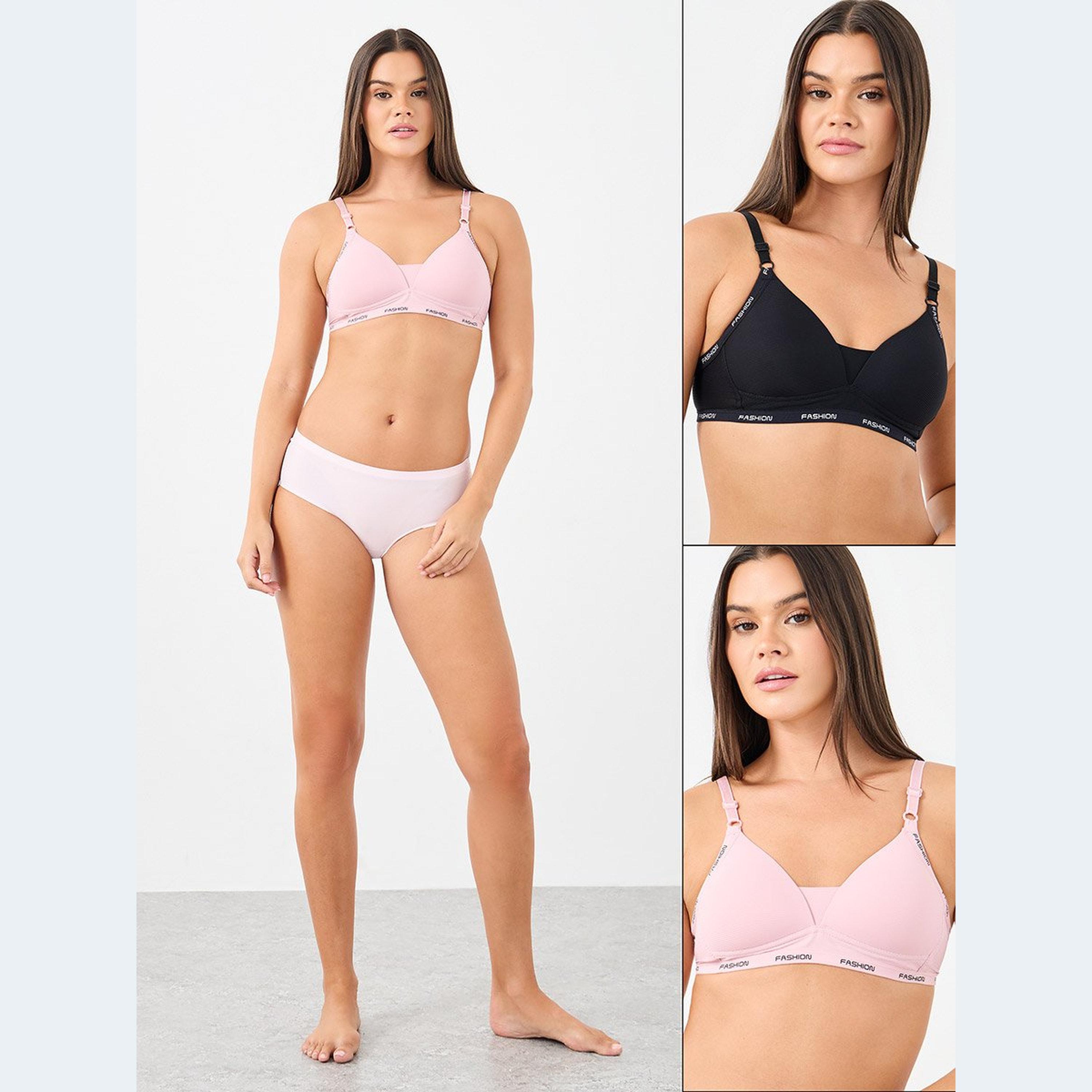 ستايلي - حمالة صدر مبطنة بدون أسلاك مع نص على الأشرطة- قطعتين-women-clothing-lingerie-bras-image-1