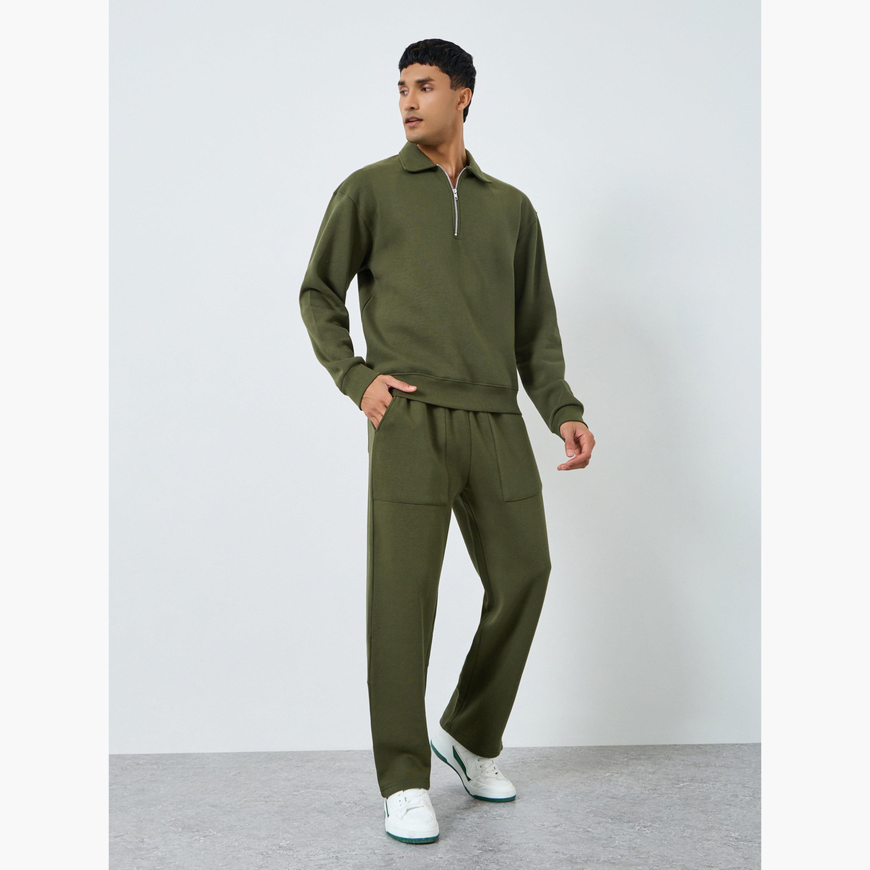 Styli Men Olive Green Zip Sweatshirt and Joggers Co-Ords-men-clothing-coordsets-image-1