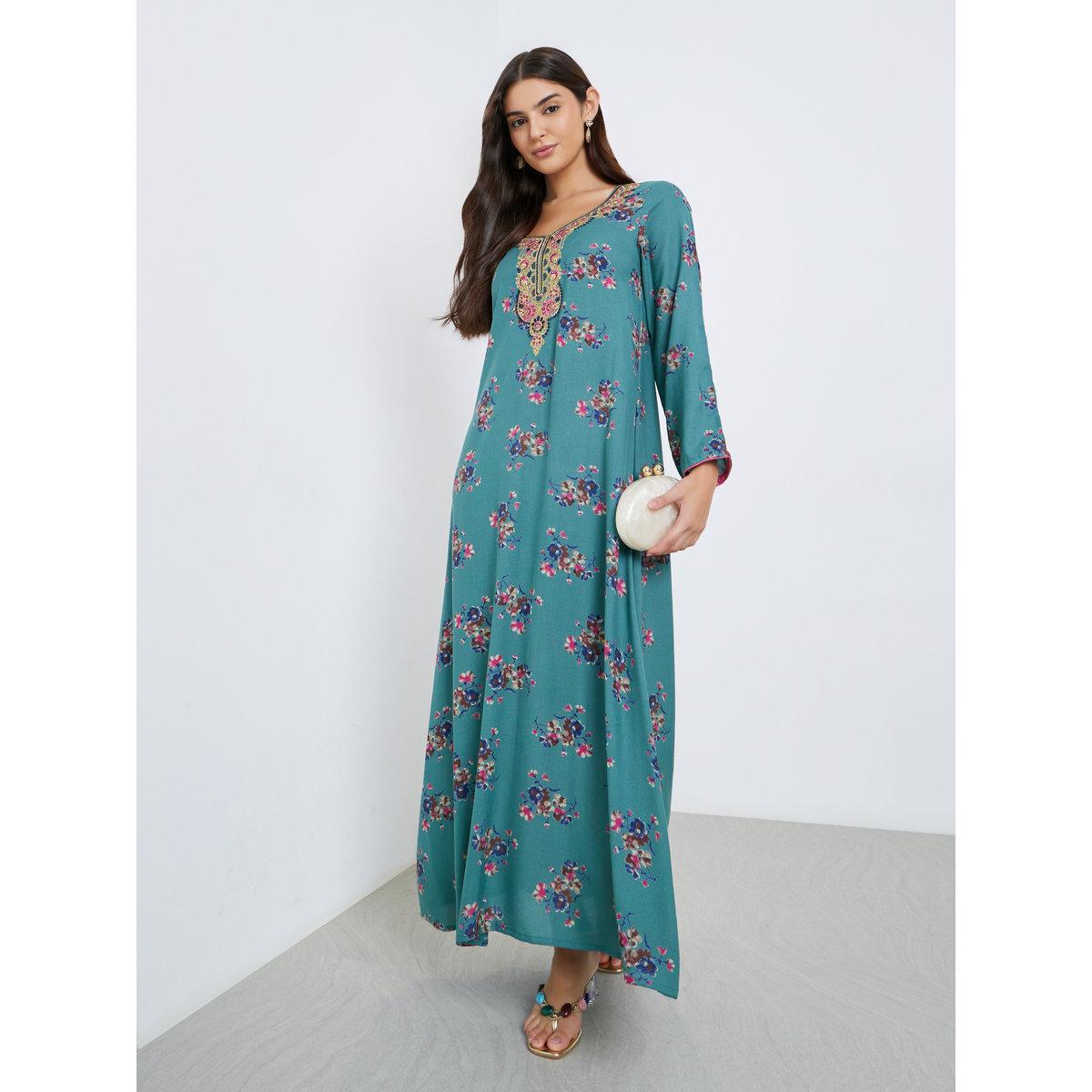 Maxim Creation Multi Thread Embroidery Jalabiya with Floral Print-women-arabicclothing-jalabiyas-image-1