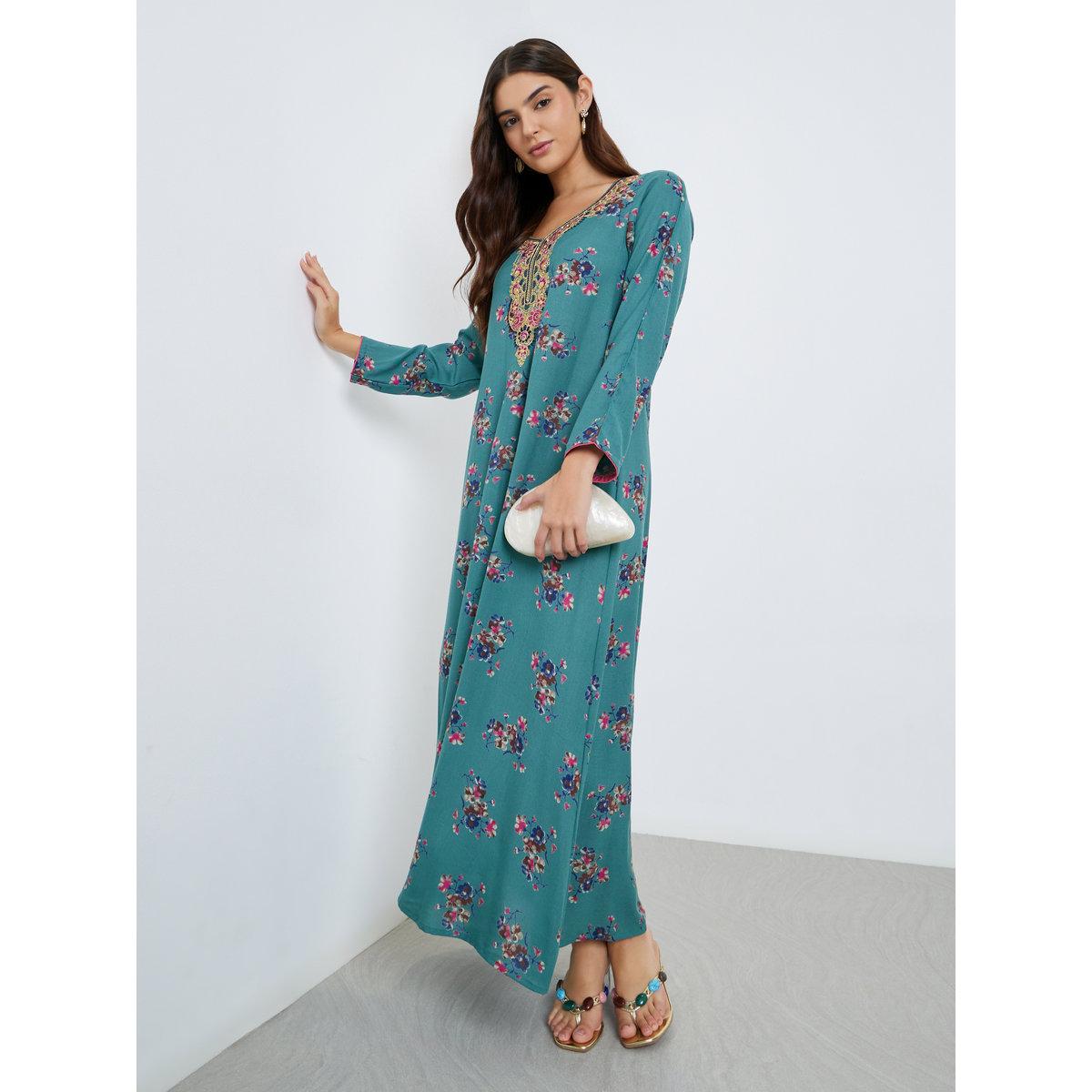 Maxim Creation Multi Thread Embroidery Jalabiya with Floral Print-women-arabicclothing-jalabiyas-image-2