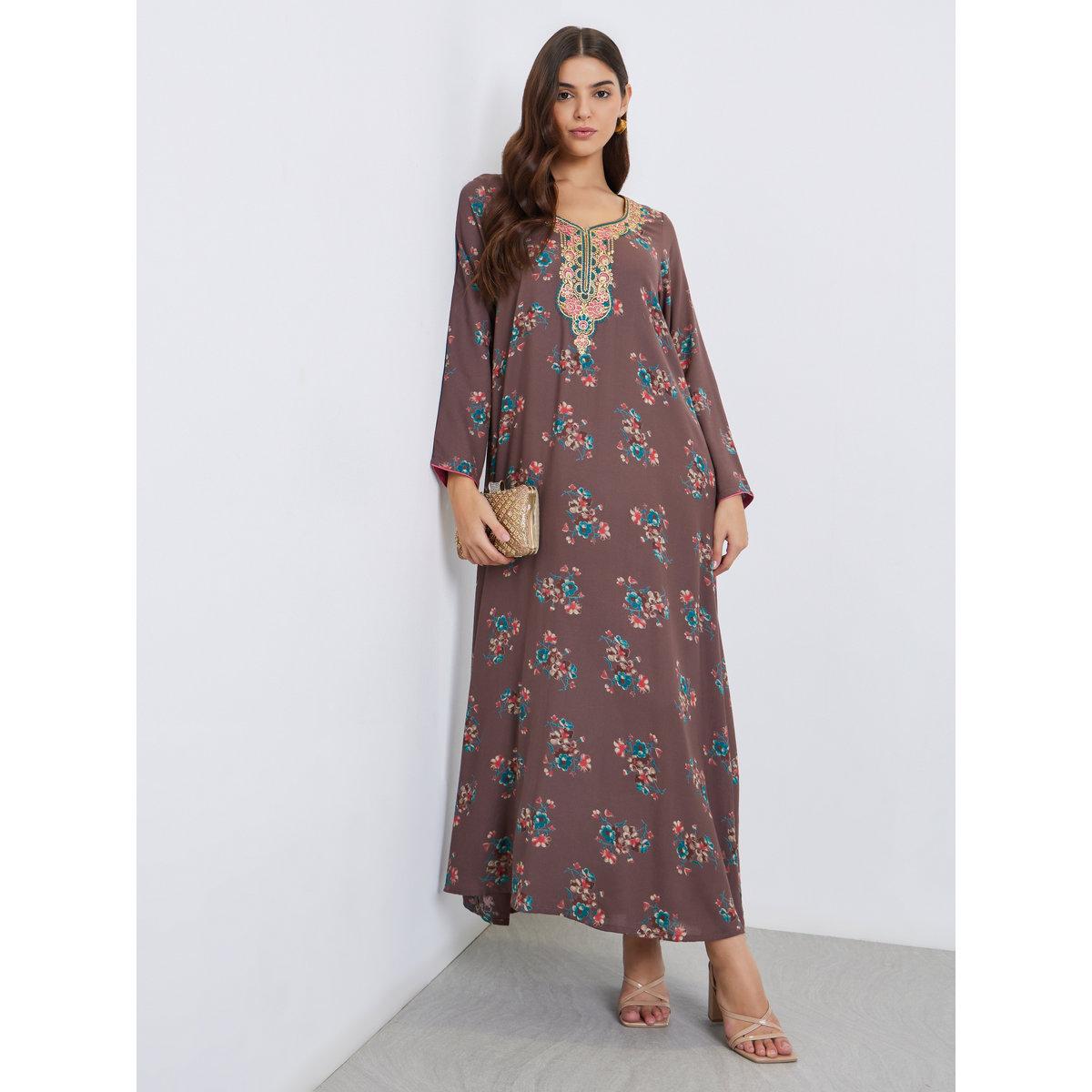جلابية بتفاصيل مُطرزة وطبعة زهور-women-arabicclothing-jalabiyas-image-1