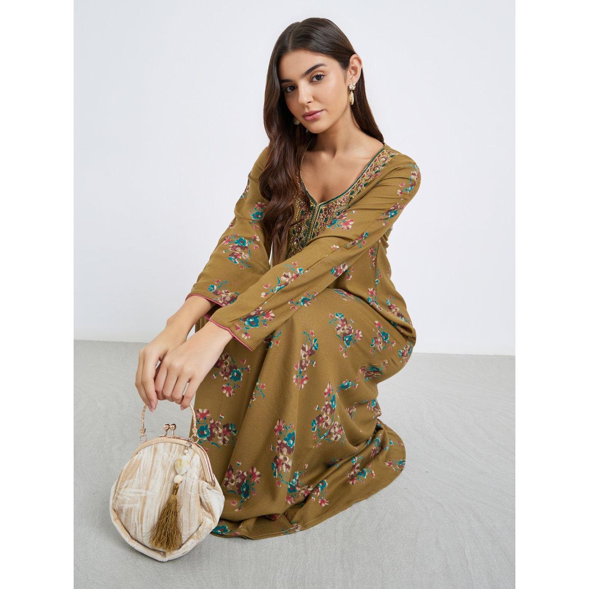 Maxim Creation Multi Thread Embroidery Jalabiya with Floral Print-women-arabicclothing-jalabiyas-image-1