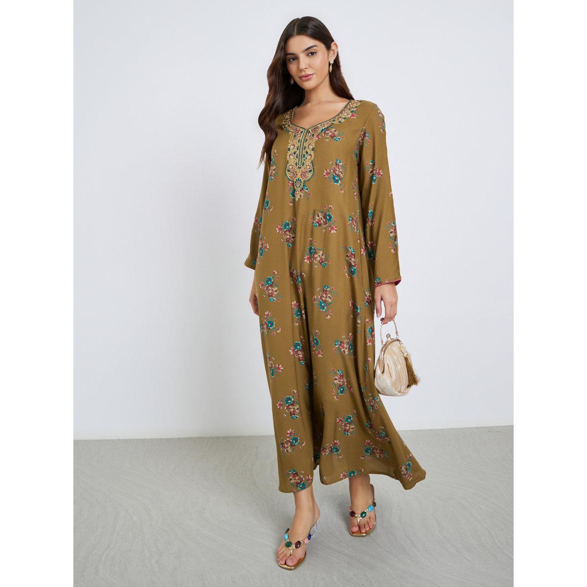 Maxim Creation Multi Thread Embroidery Jalabiya with Floral Print-women-arabicclothing-jalabiyas-image-2