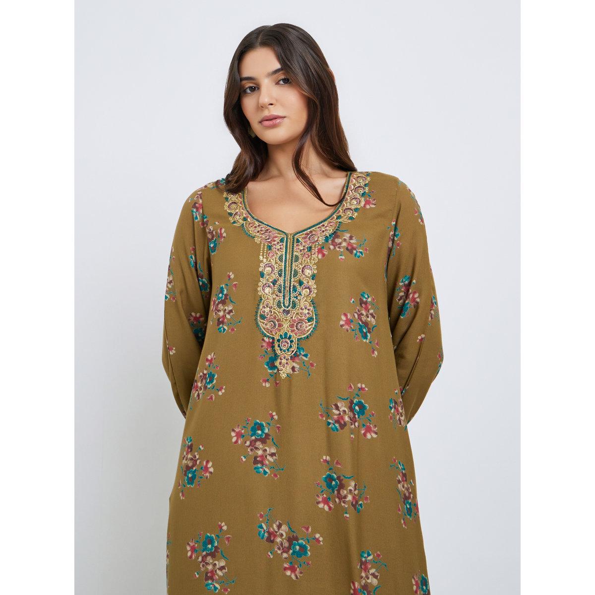 جلابية بتفاصيل مُطرزة وطبعة زهور-women-arabicclothing-jalabiyas-image-3