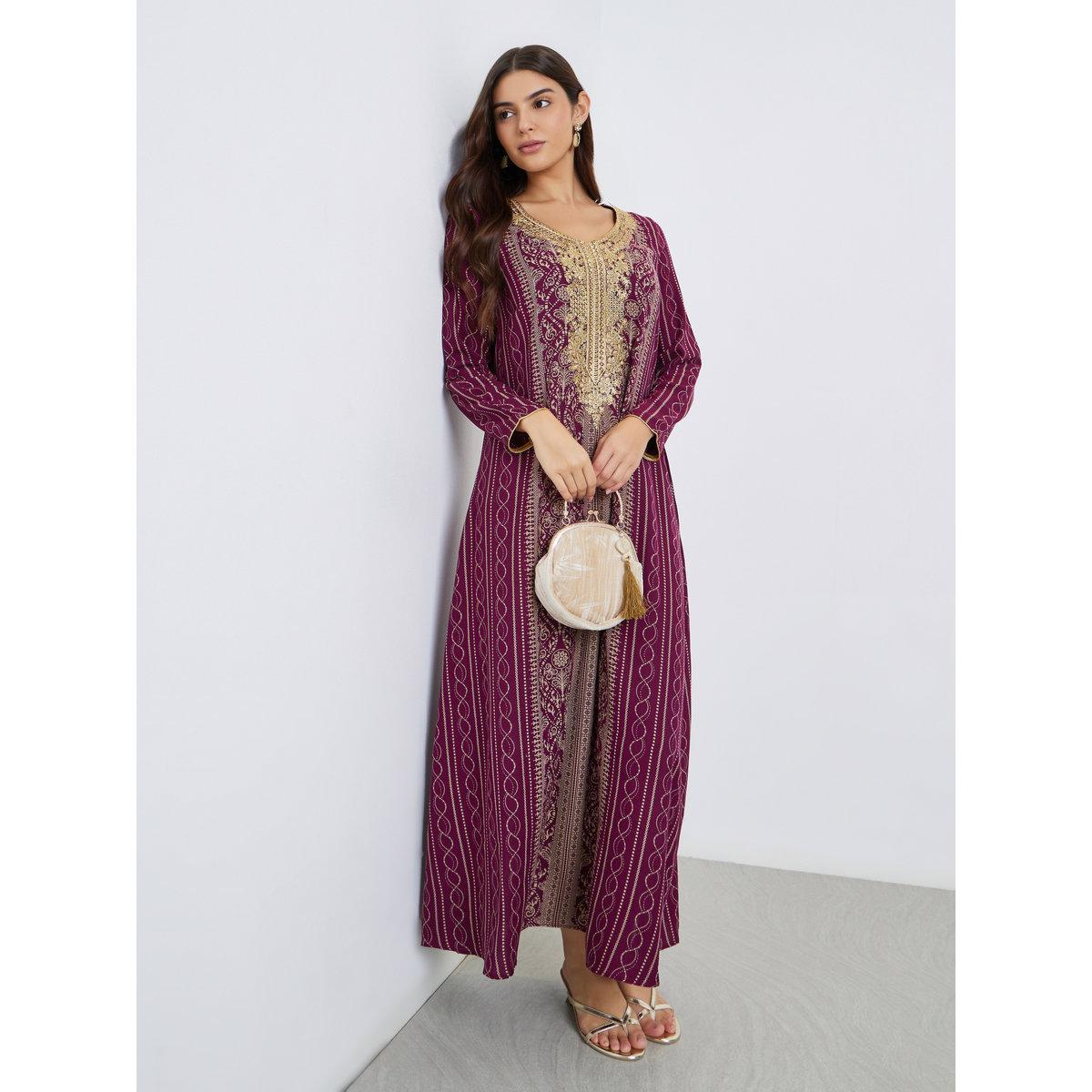 Maxim Creation Gold Thread Embroidery Jalabiya with All Over Print-women-arabicclothing-jalabiyas-image-1