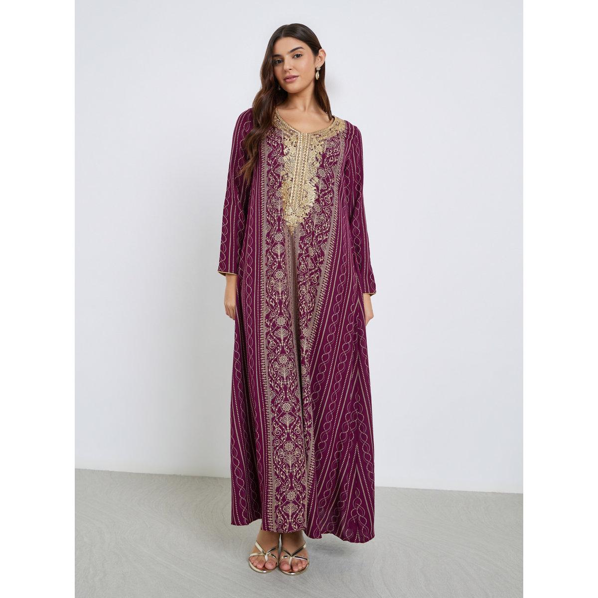 Maxim Creation Gold Thread Embroidery Jalabiya with All Over Print-women-arabicclothing-jalabiyas-image-2