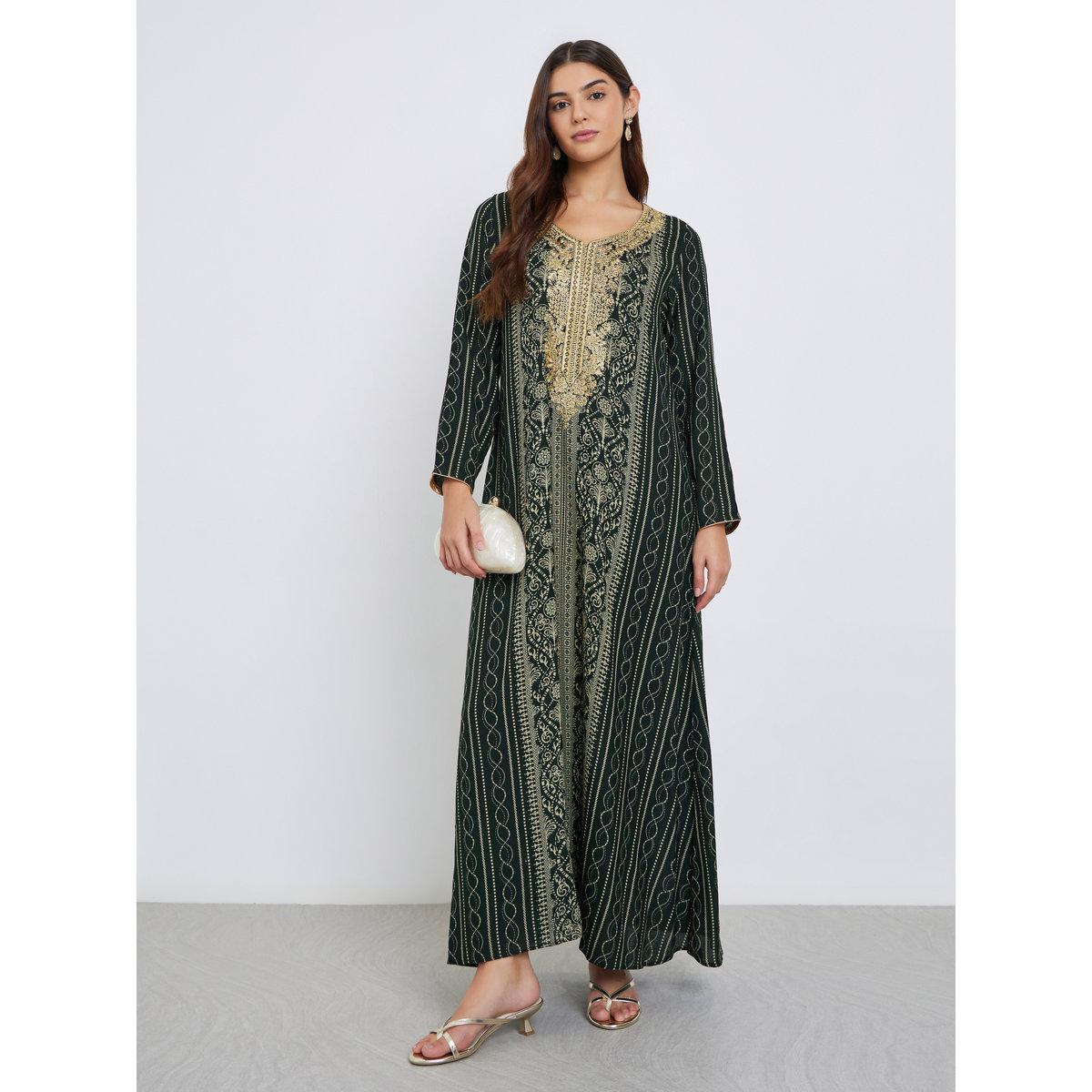 جلابية بتفاصيل مُطرزة وطبعة زهور-women-arabicclothing-jalabiyas-image-2