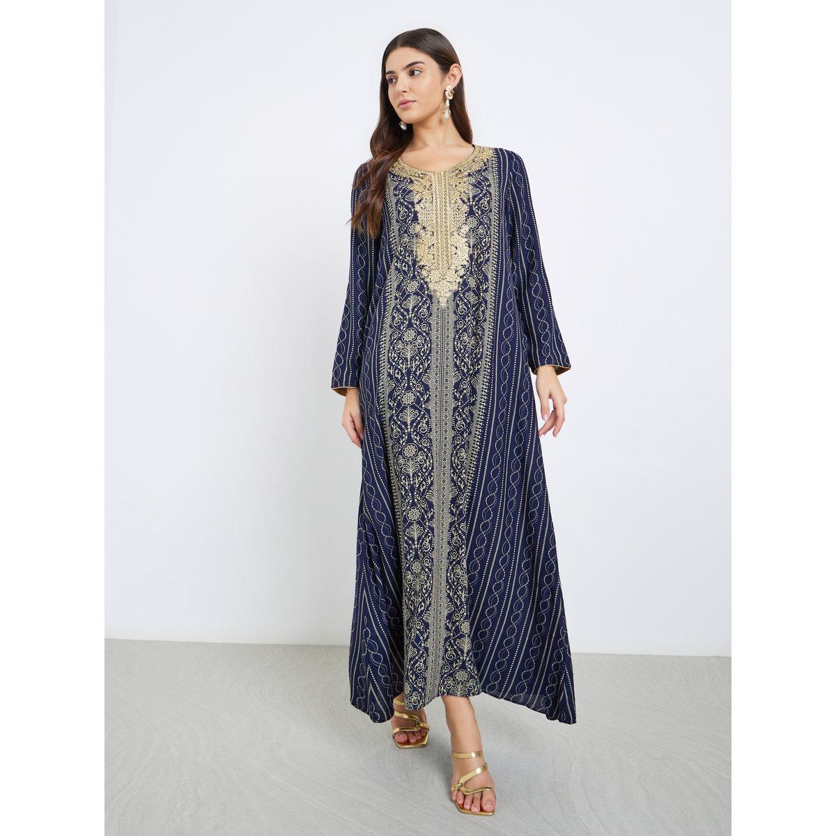 Maxim Creation Gold Thread Embroidery Jalabiya with All Over Print-women-arabicclothing-jalabiyas-image-2