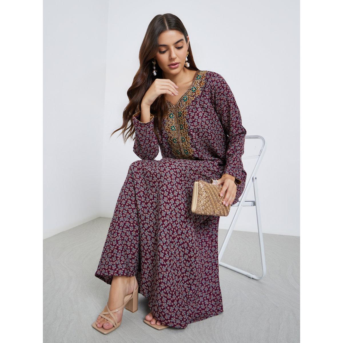 جلابية بتفاصيل مُطرزة وطبعة زهور-women-arabicclothing-jalabiyas-image-5