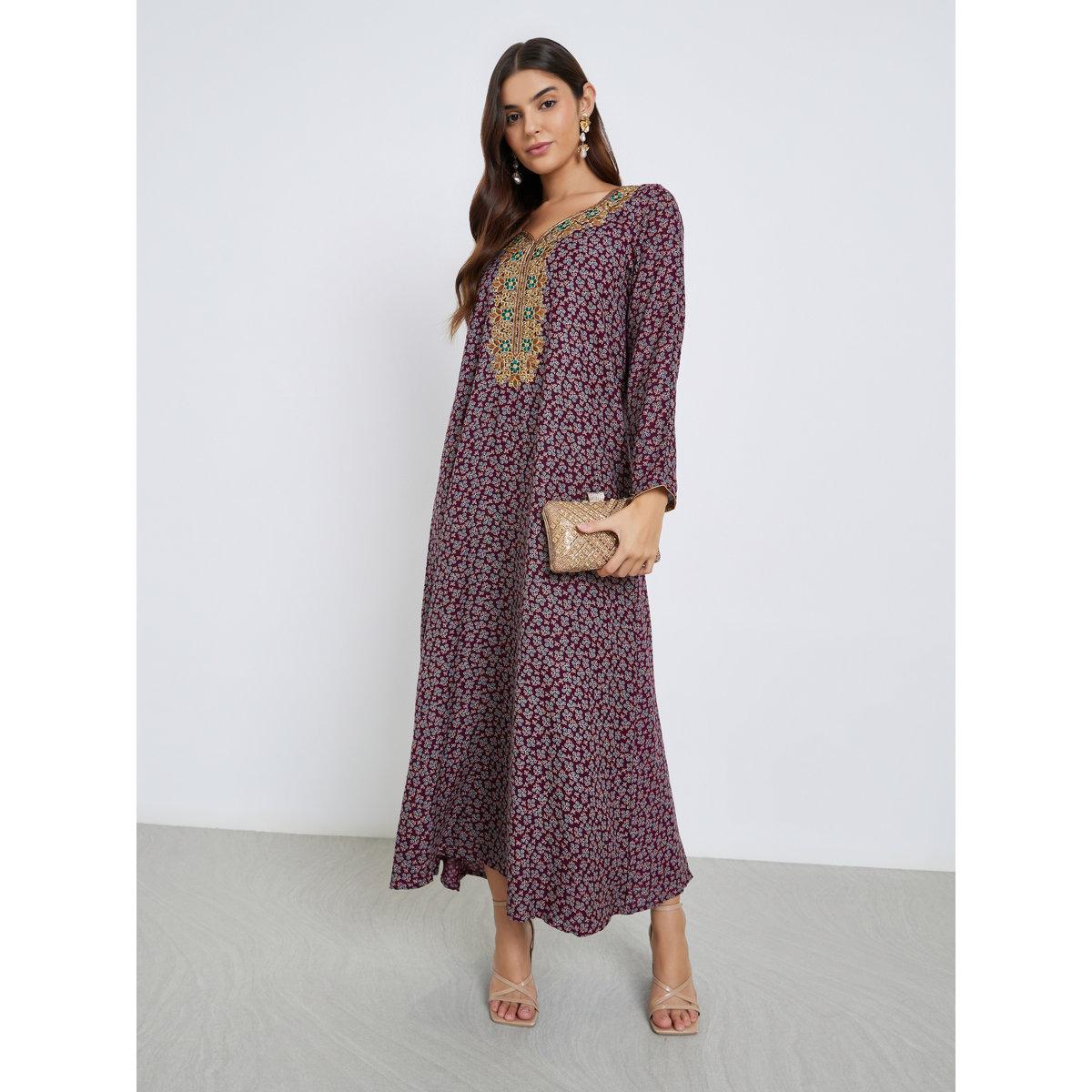 Maxim Creation Multi Thread Embroidery Jalabiya with All Over Print-women-arabicclothing-jalabiyas-image-2