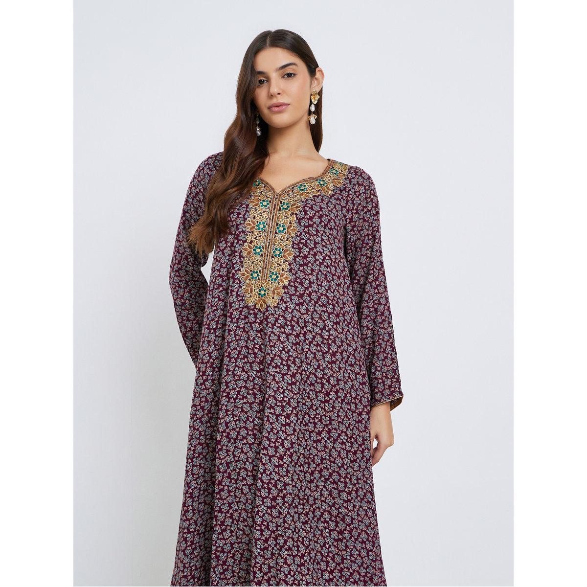 جلابية بتفاصيل مُطرزة وطبعة زهور-women-arabicclothing-jalabiyas-image-3