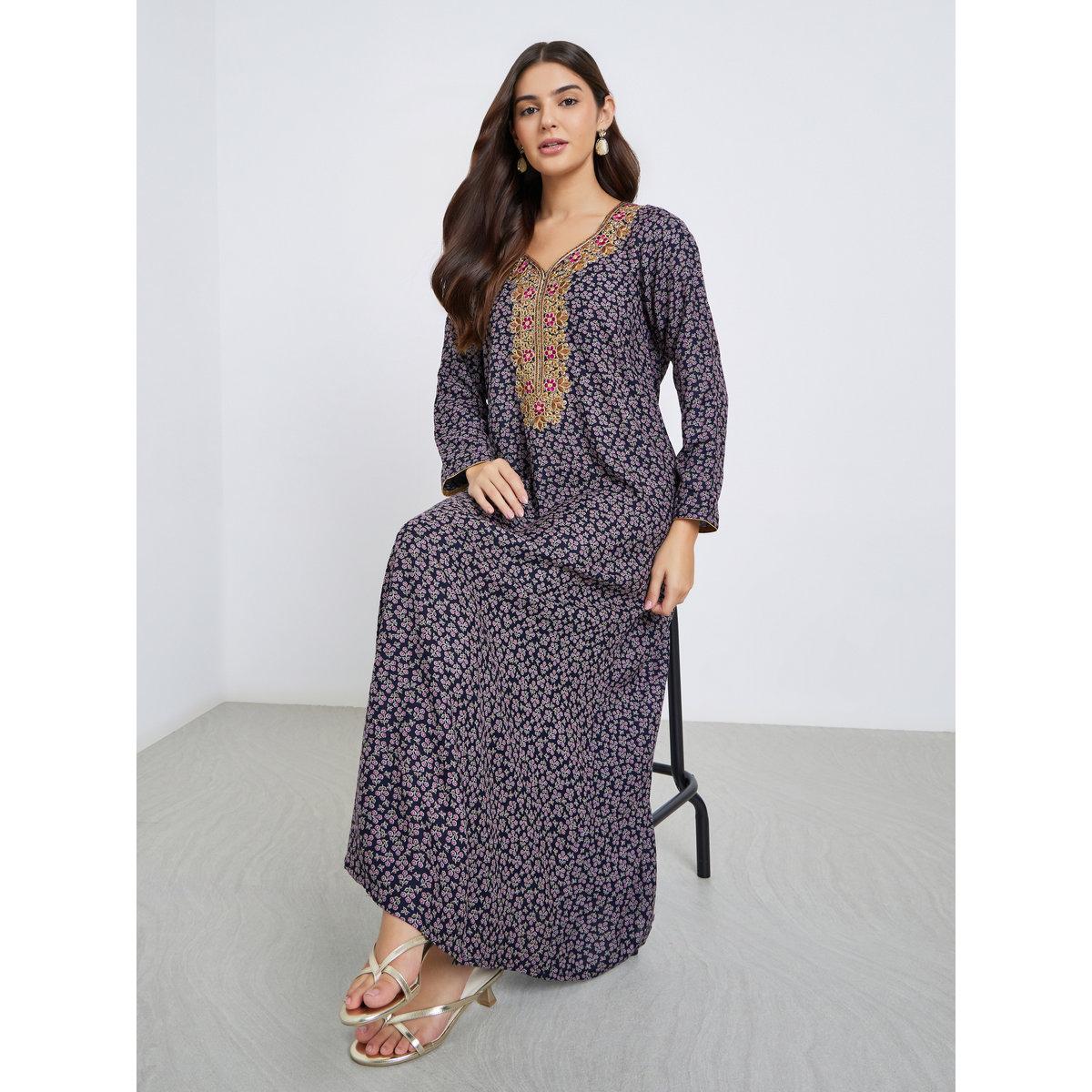 Maxim Creation Multi Thread Embroidery Jalabiya with All Over Print-women-arabicclothing-jalabiyas-image-1