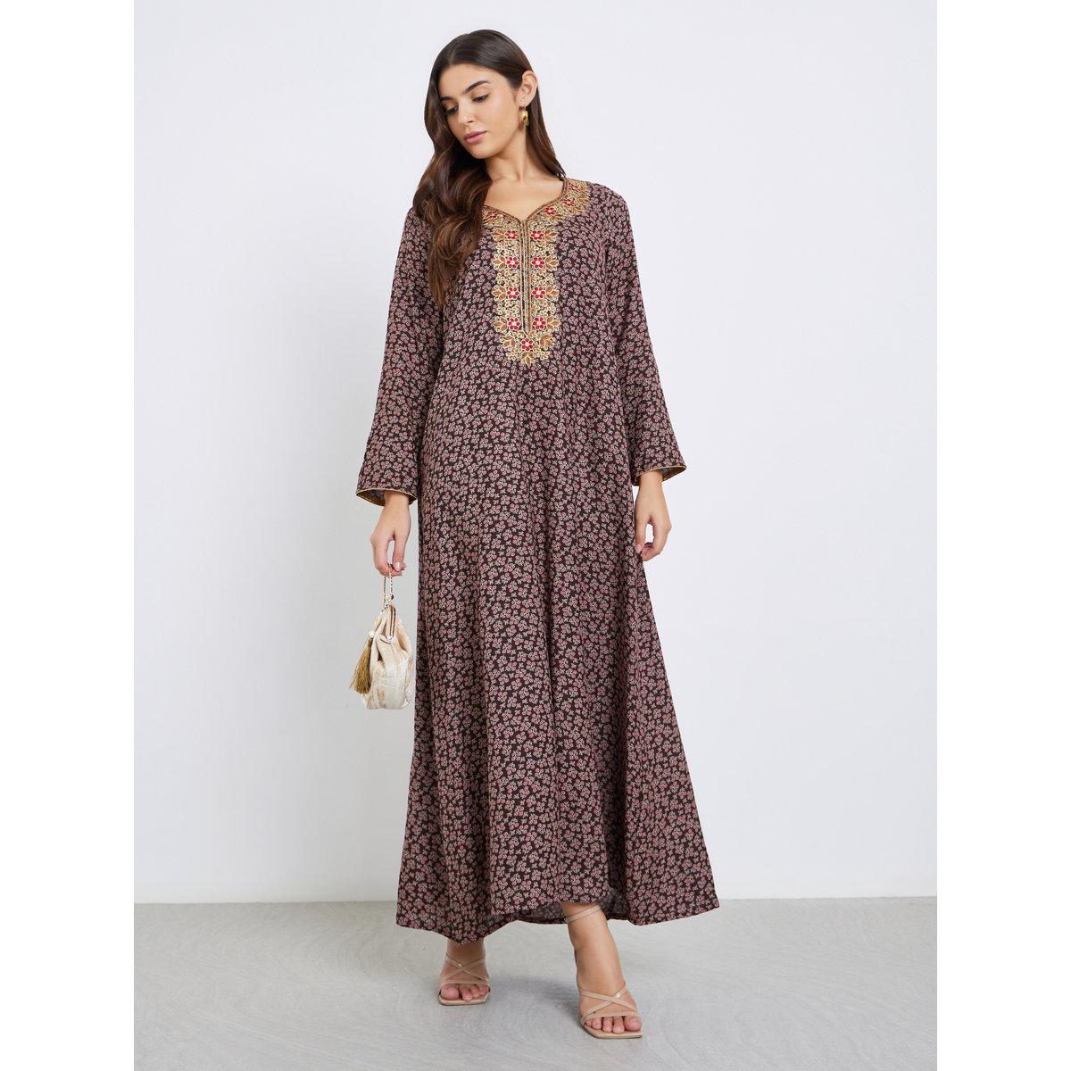 جلابية بتفاصيل مُطرزة وطبعة زهور-women-arabicclothing-jalabiyas-image-5