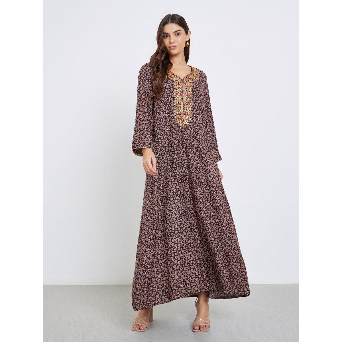 جلابية بتفاصيل مُطرزة وطبعة زهور-women-arabicclothing-jalabiyas-image-4