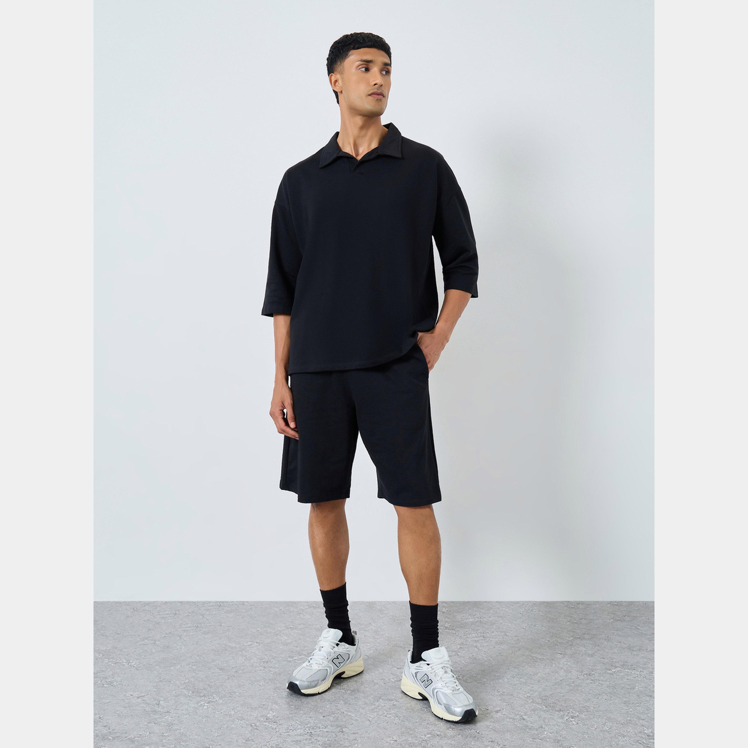 ستايلي - تي شيرت بولو أسود مربع مع شورت-men-clothing-coordsets-image-1