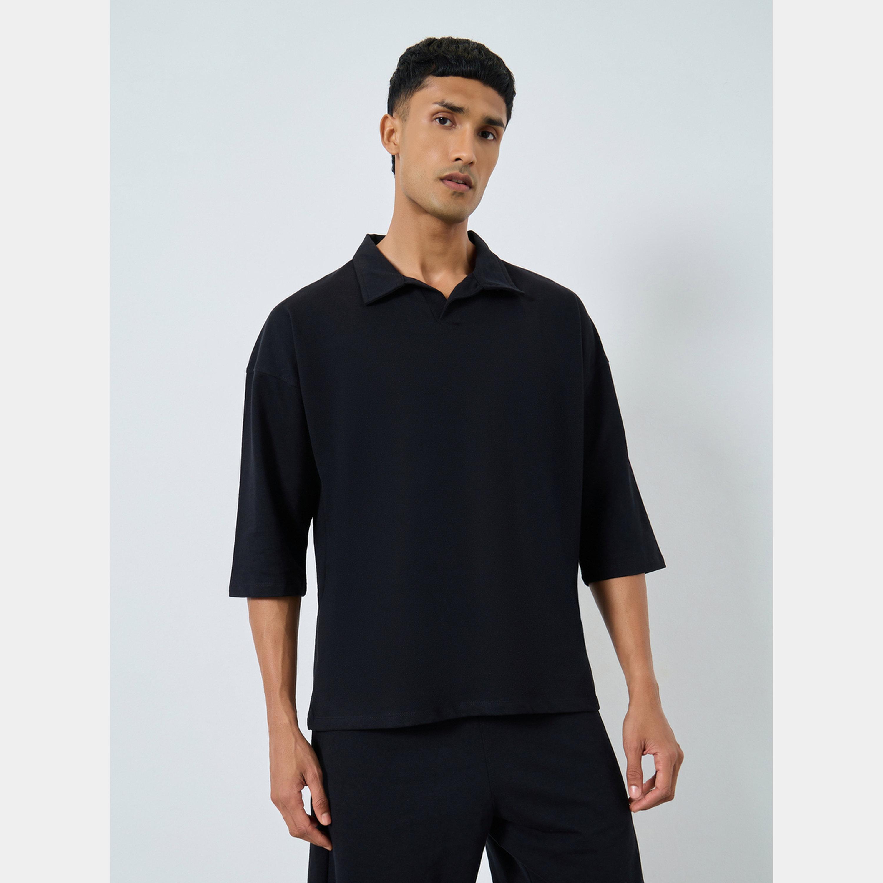 Styli Black Boxy Polo T-Shirt and Shorts Co-ords-men-clothing-coordsets-image-2