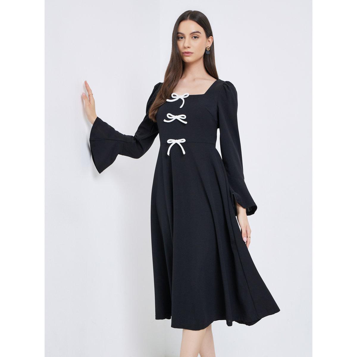 فستان ميدي سادة بتفاصيل فيونكة-women-clothing-dresses-image-1