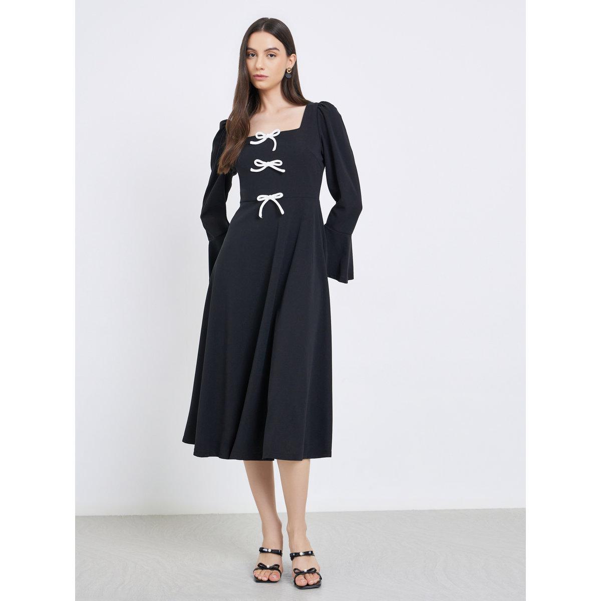 Take Two Solid Bow Detail Square Neck Midi Dress-women-clothing-dresses-image-2