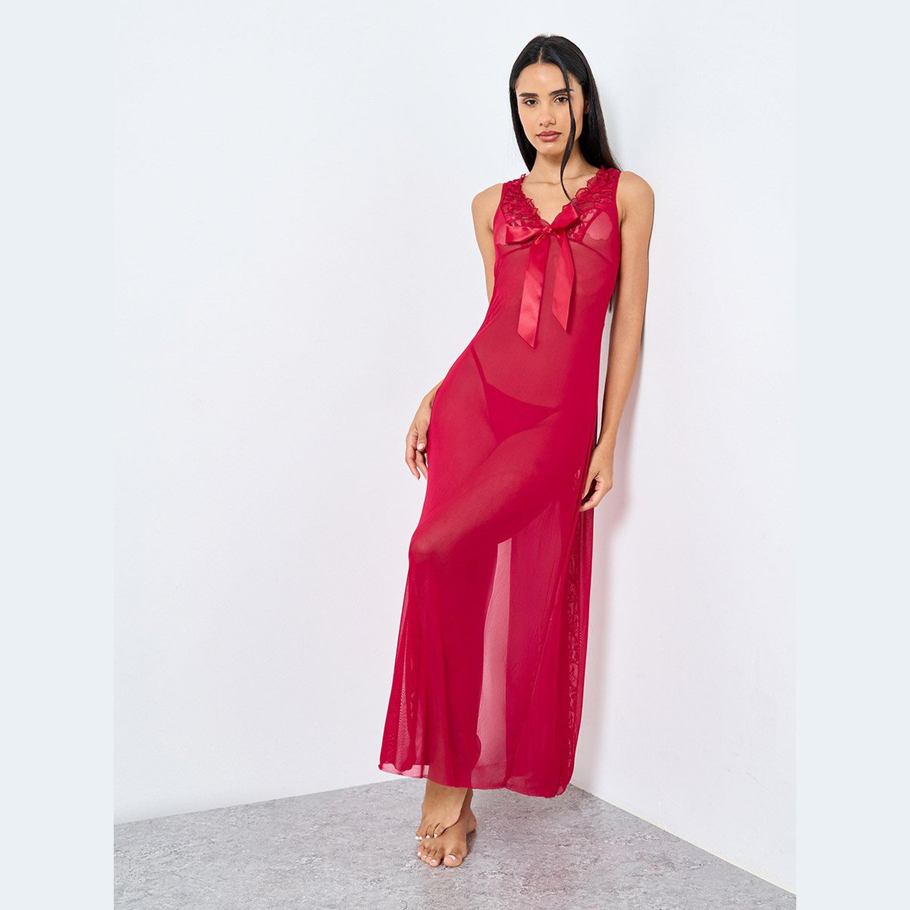 ستايلي - فستان ماكسي طويل مع تفاصيل فيونكة وفتحة في منتصف الظهر وحافة من الدانتيل-women-clothing-lingerie-babydollsandbodysuits-image-1