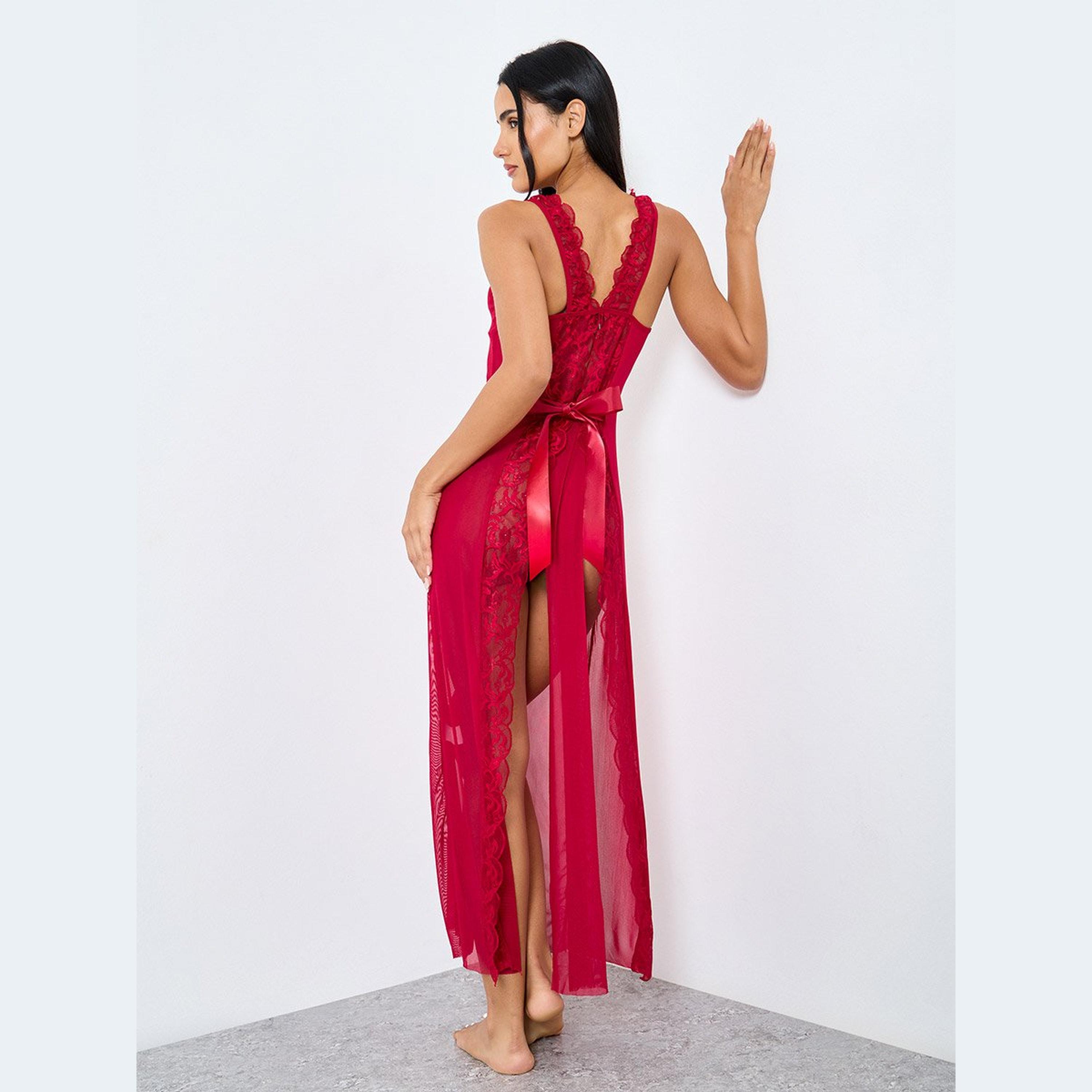 ستايلي - فستان ماكسي طويل مع تفاصيل فيونكة وفتحة في منتصف الظهر وحافة من الدانتيل-women-clothing-lingerie-babydollsandbodysuits-image-2